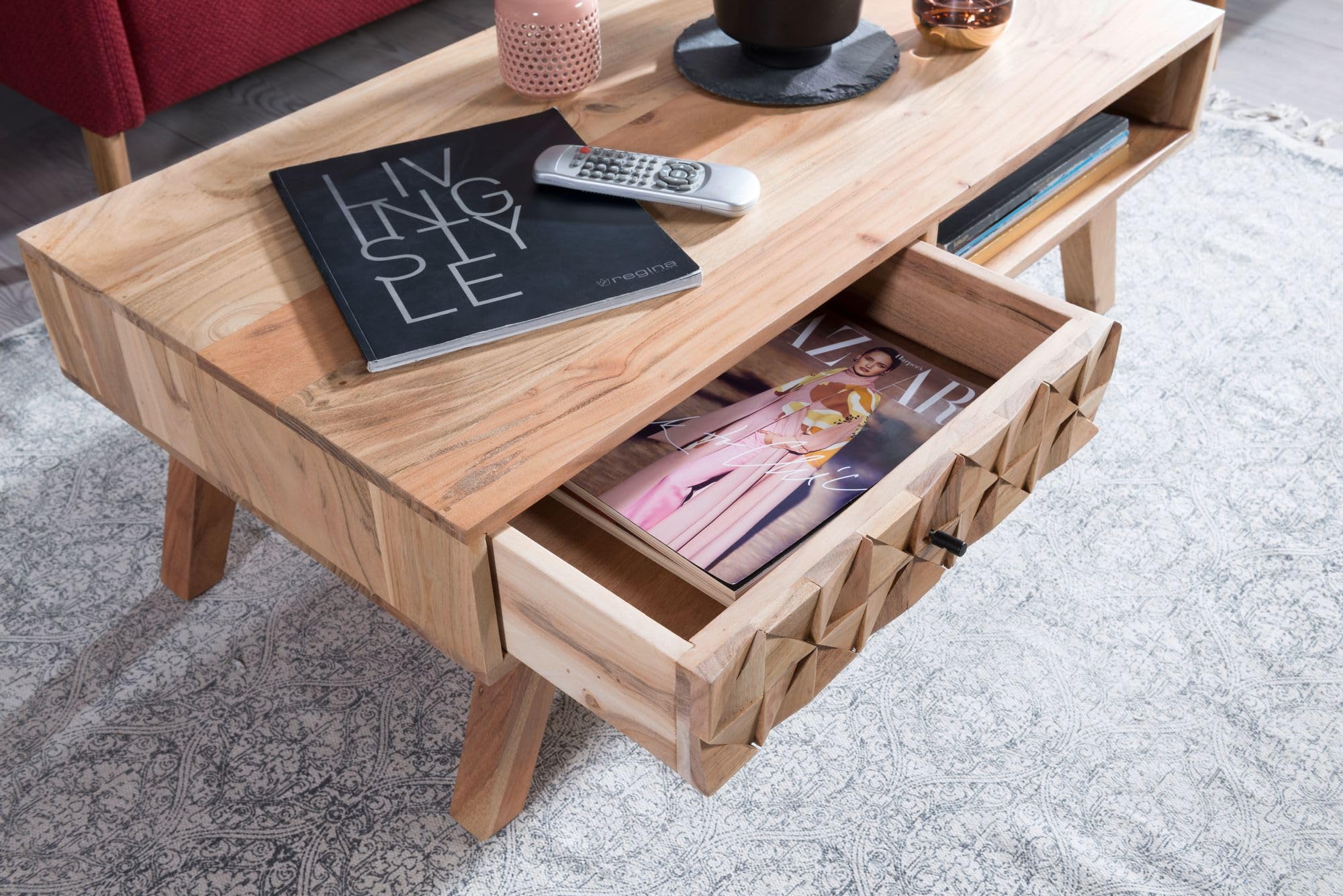 FineBuy Couchtisch 95x50x35 cm Akazie Massivholz mit Schublade | Wohnzimmertisch mit 3D-Front und Ablagefach, Sofatisch im Landhausstil, Echtholz handgefertigt, Unikat