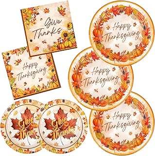 Thanksgiving Party Supplies Kit, Thanksgiving Plates and Napkins Includes: Paper Dinner Plate, Dessert Plates, and Napkins for Fall Harvest Party Decorations Disposable Dinnerware Serve 50 Guests