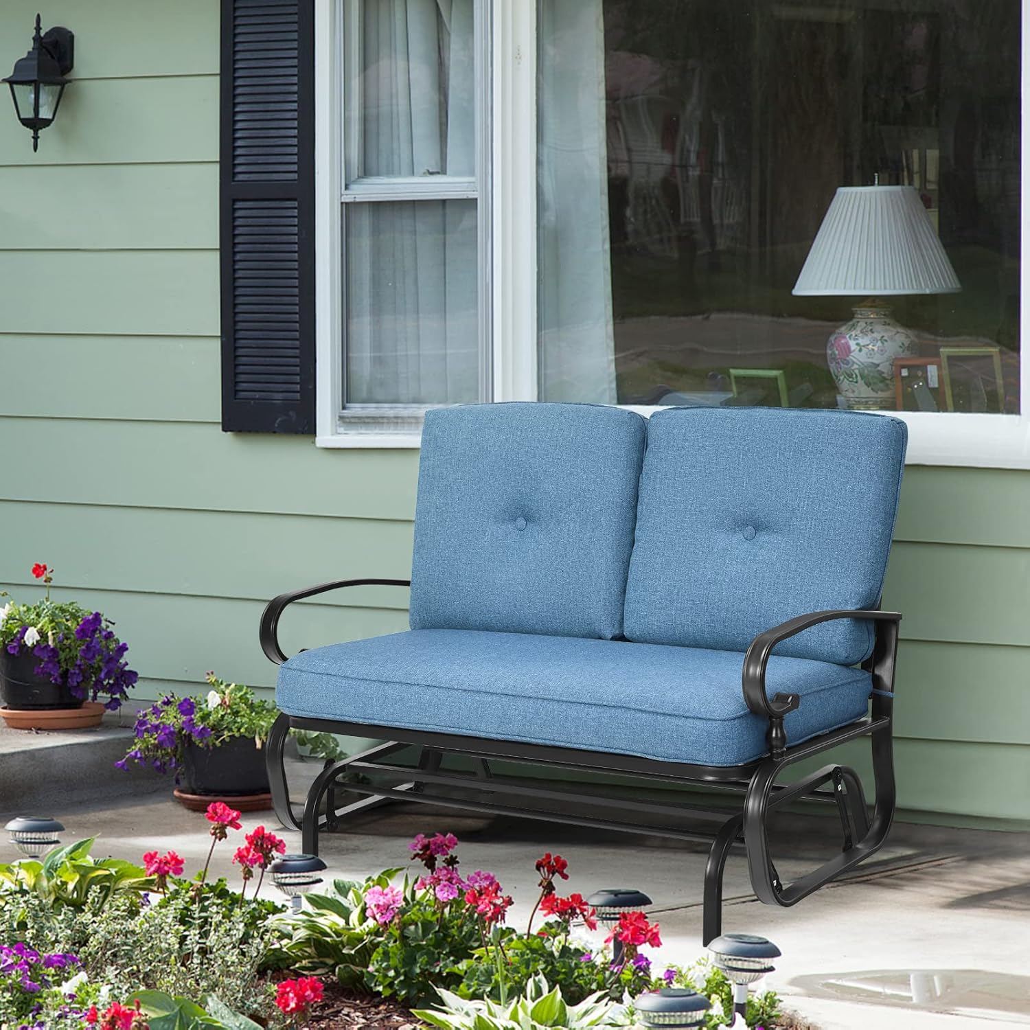 Happygrill Outdoor Swing Glider Bench Patio Loveseat Glider with Comfortable Cushions, 2 Persons Rocking Glider Chair for Porch Balcony Garden Poolside, Turquoise, Blue