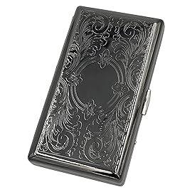 Cigarette Case Victorian Style Metal Holder for Regular, King and 100\'s Size Pocket Protective Security Wallet (ES-100BK, Etched Small Black)