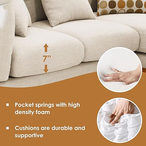 Miniatura 9 de ERYE Sofá esquinero tapizado en forma de L de lino con 3 almohadas, sofá modular con marco de madera rústica de 75 x 50 pulgadas, muebles de