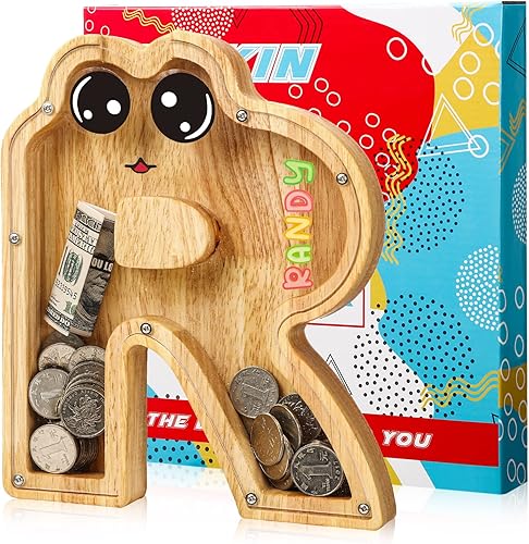 Alcancía grande de madera de 9.1 pulgadas para niños, caja de dinero del alfabeto con calcomanías personalizadas del alfabeto y caja de regalo,