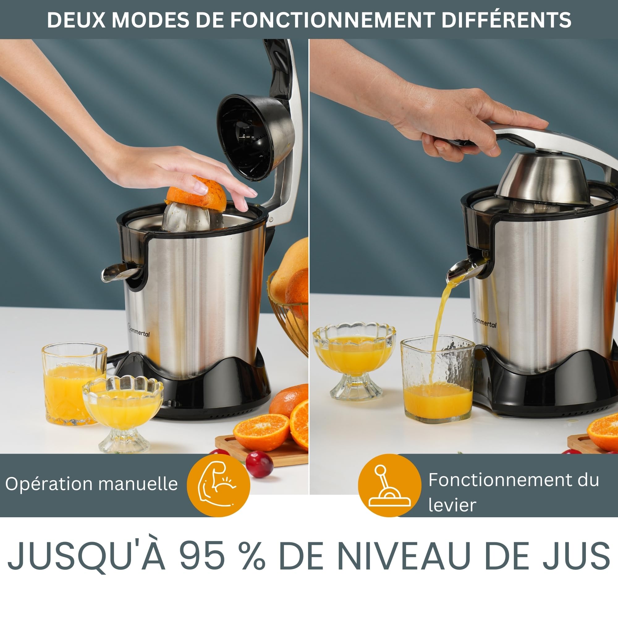 Sommertal CP850 Presse-agrumes électrique, moteur 850 W, haut rendement, en acier inoxydable, sans BPA, récipient à jus de 400 ml, 2 cônes, presse-citron, presse-agrumes, électrique, levier et