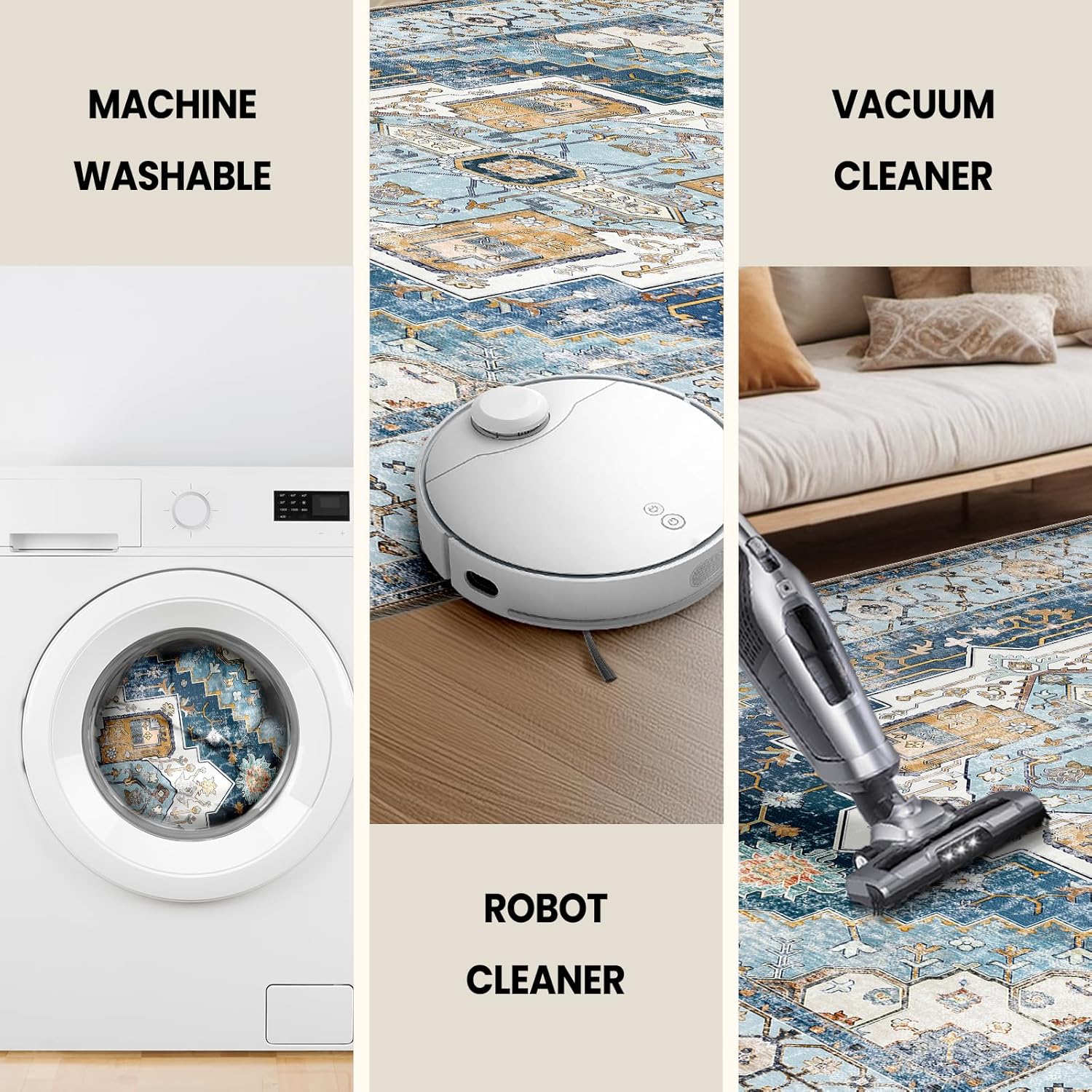 Washable 8x10 Area Rugs, Rugs for Living Room, Low-Pile Water&Stain Resistant Carpet Vintage Distressed Printed Non-Slip Carpet for Bedroom Bathroom Kitchen-Sky Blue