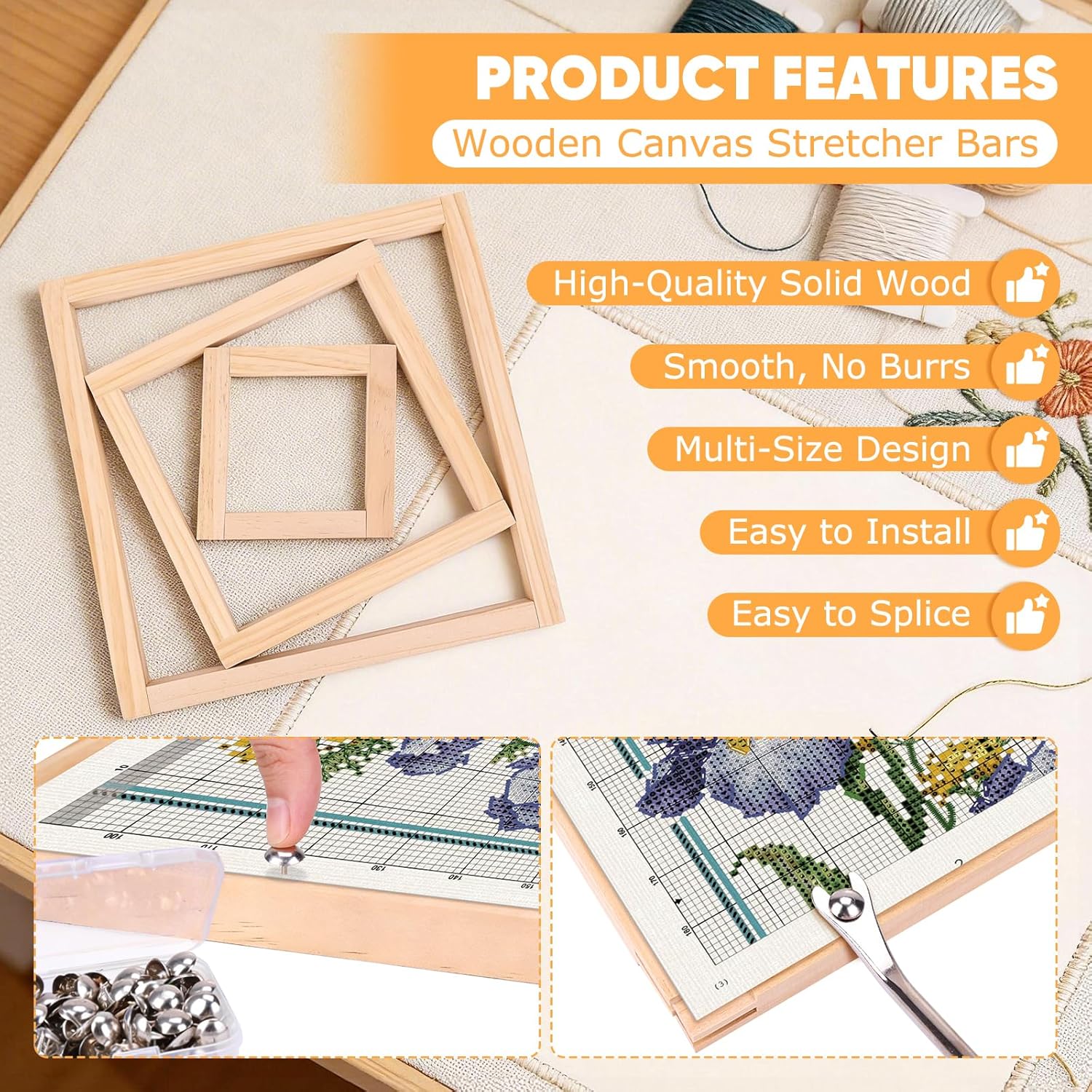 24 Pcs 12 Sets Needlepoint Stretcher Bars for Needlework, 6 Sizes (6 8 10 12 14 16 Inch), 100 Tacks & Tacks Remover, Wood Canvas Splicing Stretcher Bars for Embroidery Stitch Crafts Art