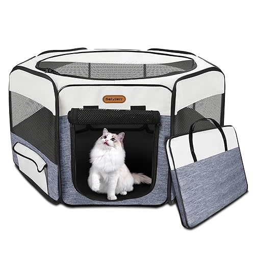 Seiyierr Dog Playpen, Portable Pet Play Pen Foldable Carrying Case, Puppy Pens Outsid for Small Cat Indoor/Outdoor, Removable Mesh Shade Cover - Blue - L
