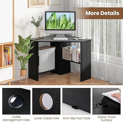 Miniatura 8 de IFANNY Escritorio esquinero para computadora escritorio triangular de 90 grados con estantes y soporte para CPU escritorio de maquillaje compacto de