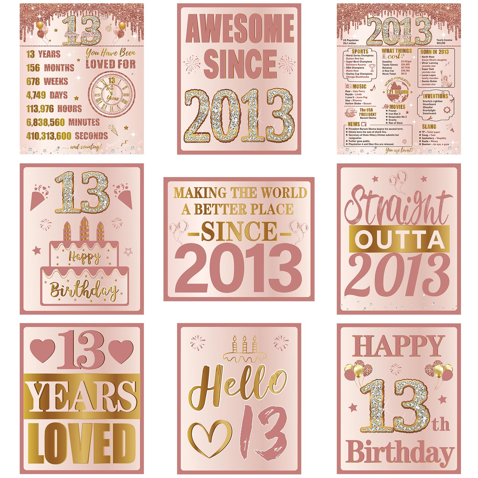 Turypaty Sweet 13th Birthday Decorations for Girls, 9Pcs Pink Rose Gold 2013 Birthday Banner Signs for Walls Doors Windows Yard Garden Party Supplies,