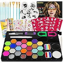 Face Painting Kit for Party - 24 Colors - Water Based Non Toxic Face Paint Set with Brushes, Stencils, sponges, Glitter, Crayon for Easter; Halloween; Carnival; Birthday; Stage Makeup Kit