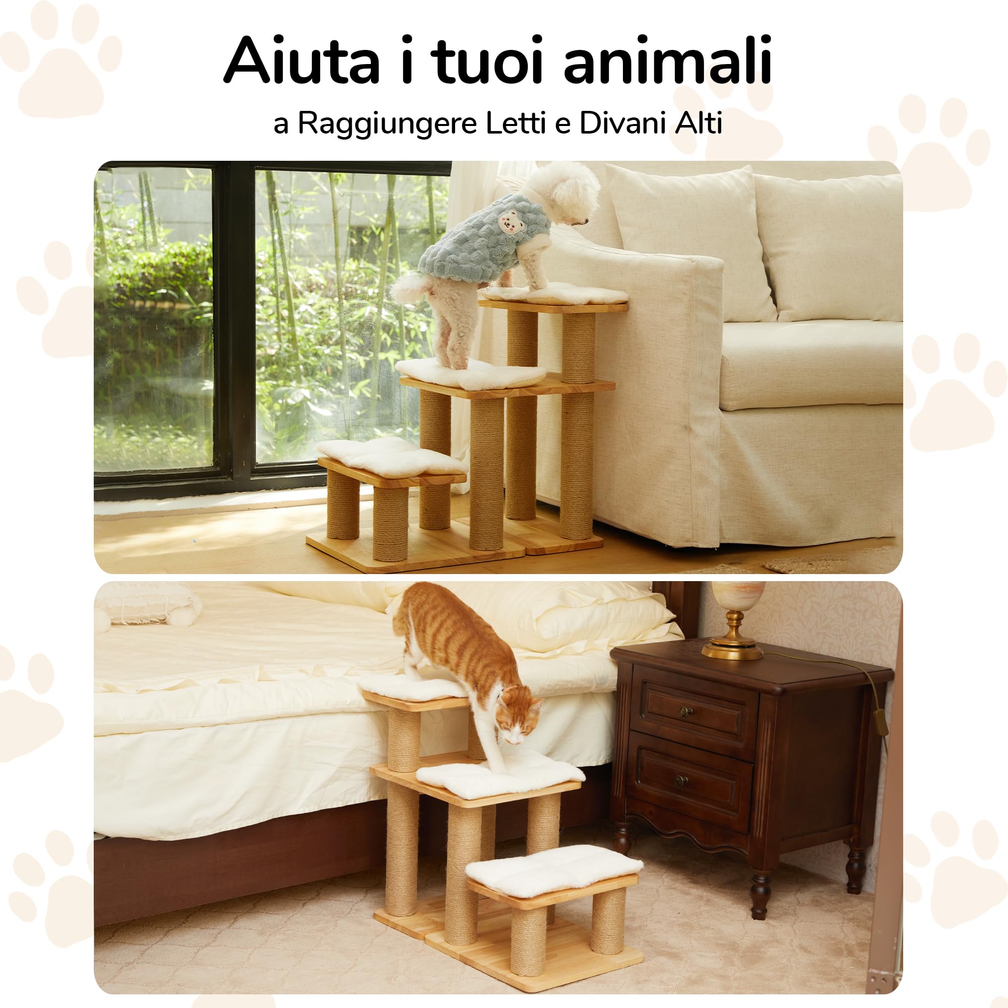 FUKUMARU Scala per Cani e Gatti Anziani,6 Combinazioni,Gradini Imbottiti in Legno Massello,Colonne in Juta Rinforzata per Tiragraffi,Altezza Max 51cm, Portata 90KG,Aiuto Salita Sicura per Letti/Divani