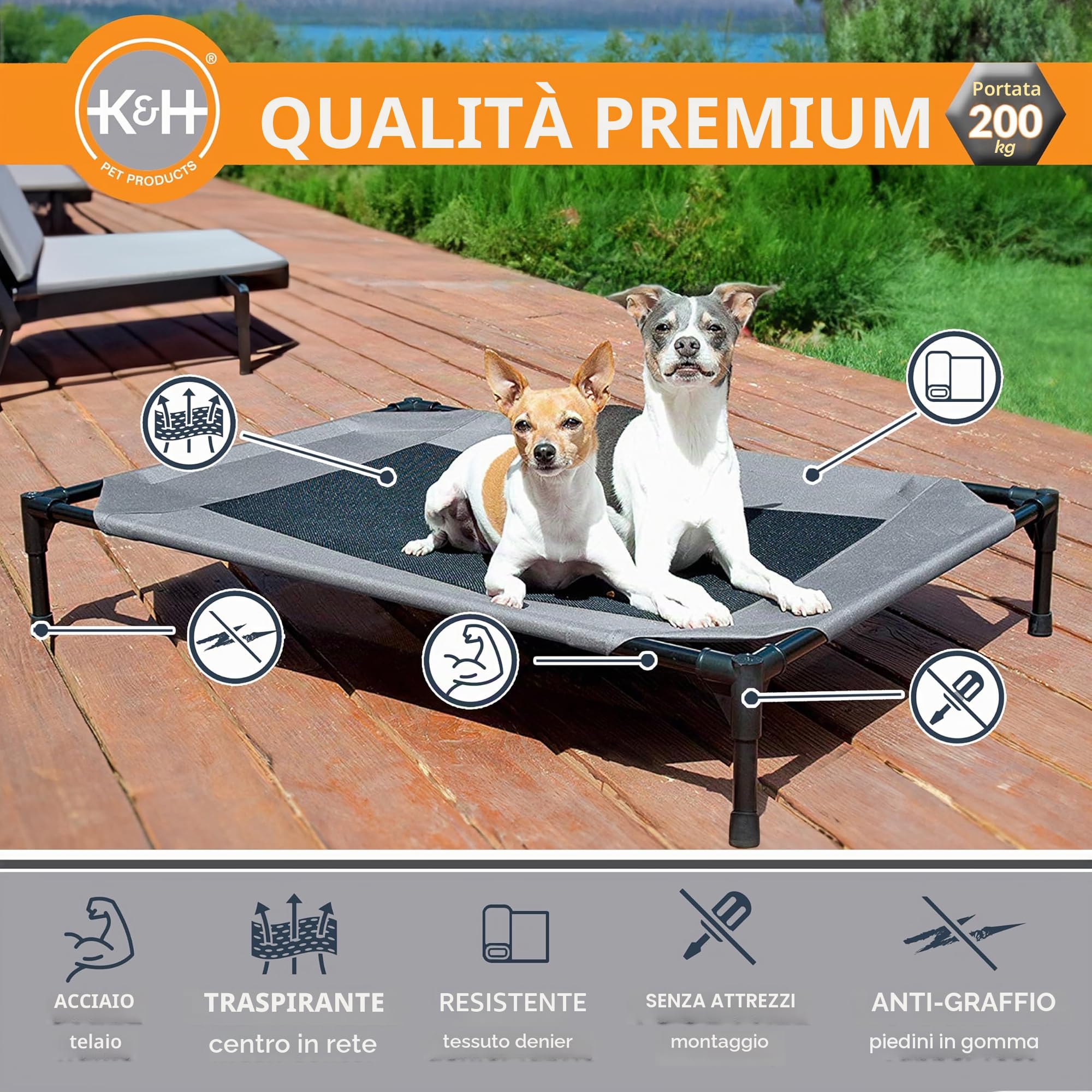 K&H Prodotti per animali domestici, letto rialzato per cani con rete traspirante lavabile, piedini in gomma antiscivolo, lettino portatile per interni ed esterni, rete grigia/nera