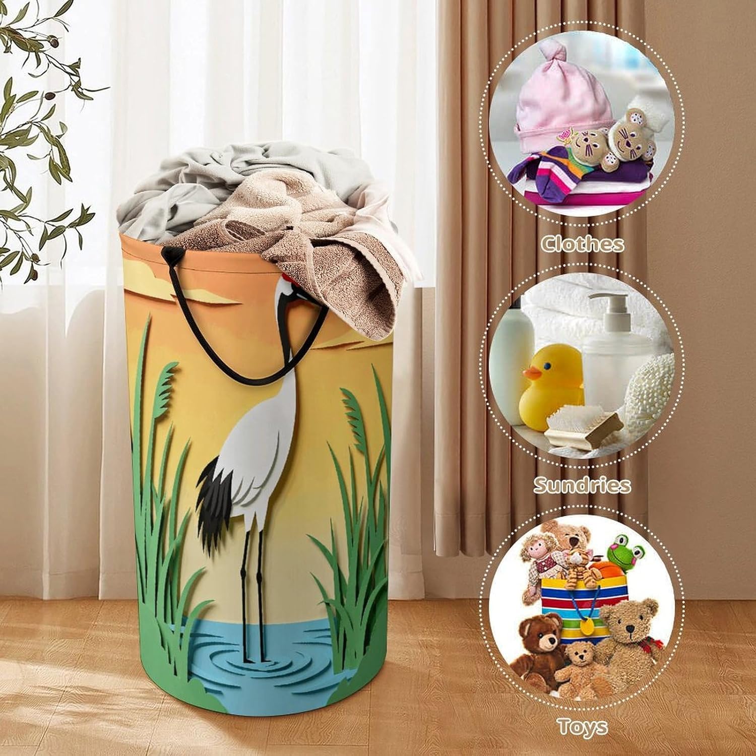 Elegant Grace of Crane Silhouette Laundry Hamper Portable Lightweight Clothes Hampers Fashion Dirty Laundry Storage Basket Large Capacity Foldable Clothes Baskets for Bathroom Bedroom