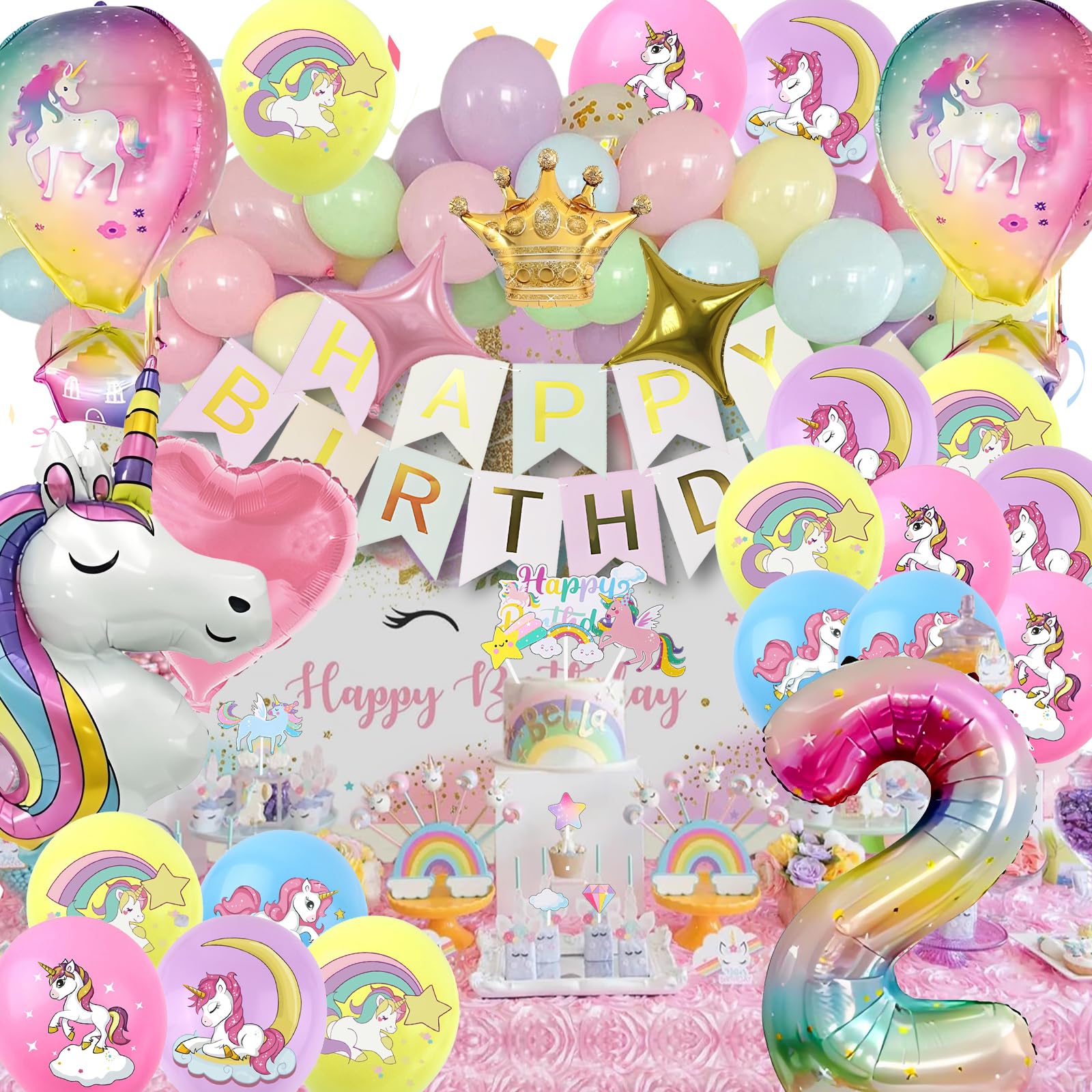 Kit Palloncini Unicorno Per 2 Anni – Con Numero 2, Unicorni 3D E Ghirlanda Happy Birthday