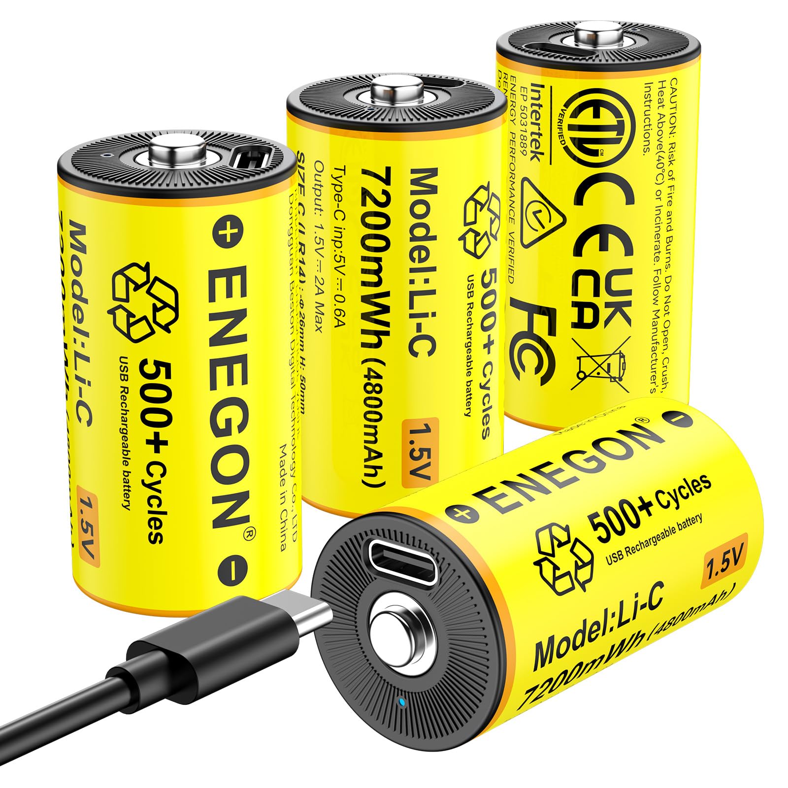 ENEGON 4 Batterie Ricaricabili al Litio C/LR14, 1,5 V 7200mWh, con Cavo di Ricarica Rapida USB-C, Compatibili con Lettori CD, Radio, Torce Elettriche, Luci di Emergenza e Giocattoli per Bambini