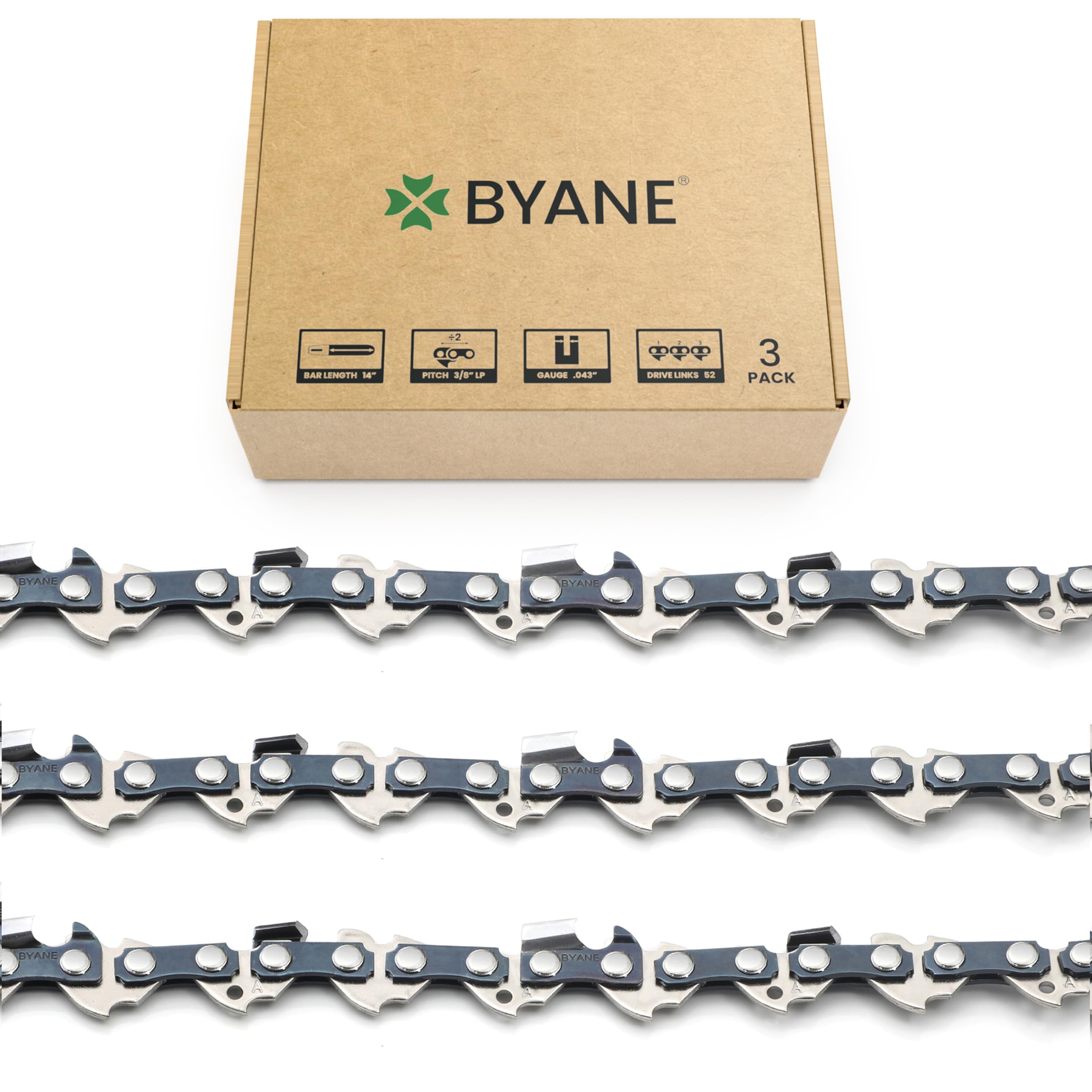 BYANE 3er-Pack Sägekette 35 cm (14") 1.1 mm (.043") 3/8"LP 52 TG – Robust, Rückschlagsarm für Husqvarna, Makita uvm