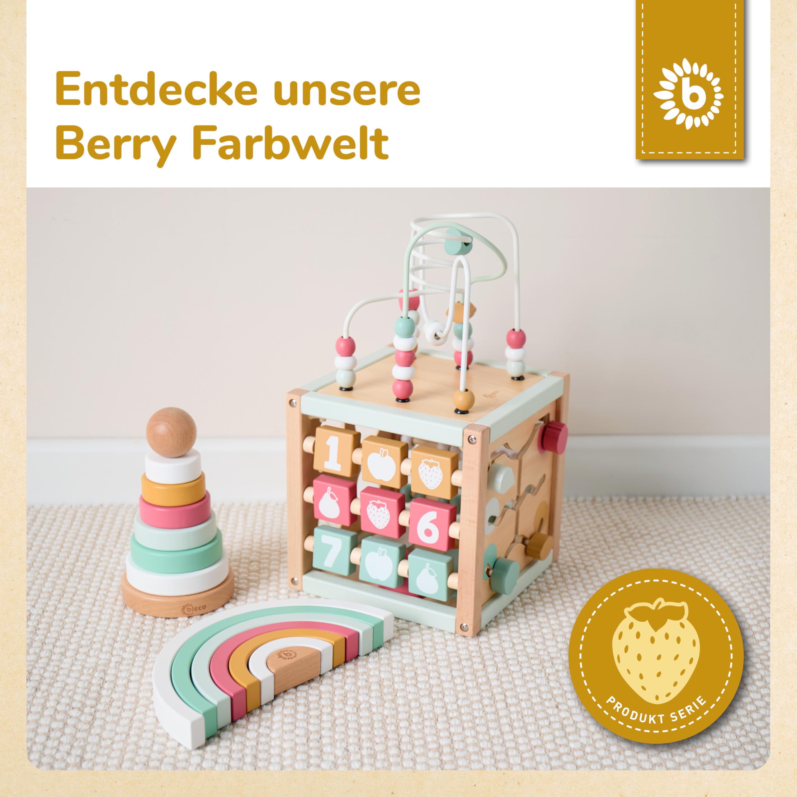 Bieco Kostka motoryczna spersonalizowana Berry z zrównoważonego drewna FSC® | Kostka do zabawy od 1. roku życia | Activity Center Montessori drewniana zabawka