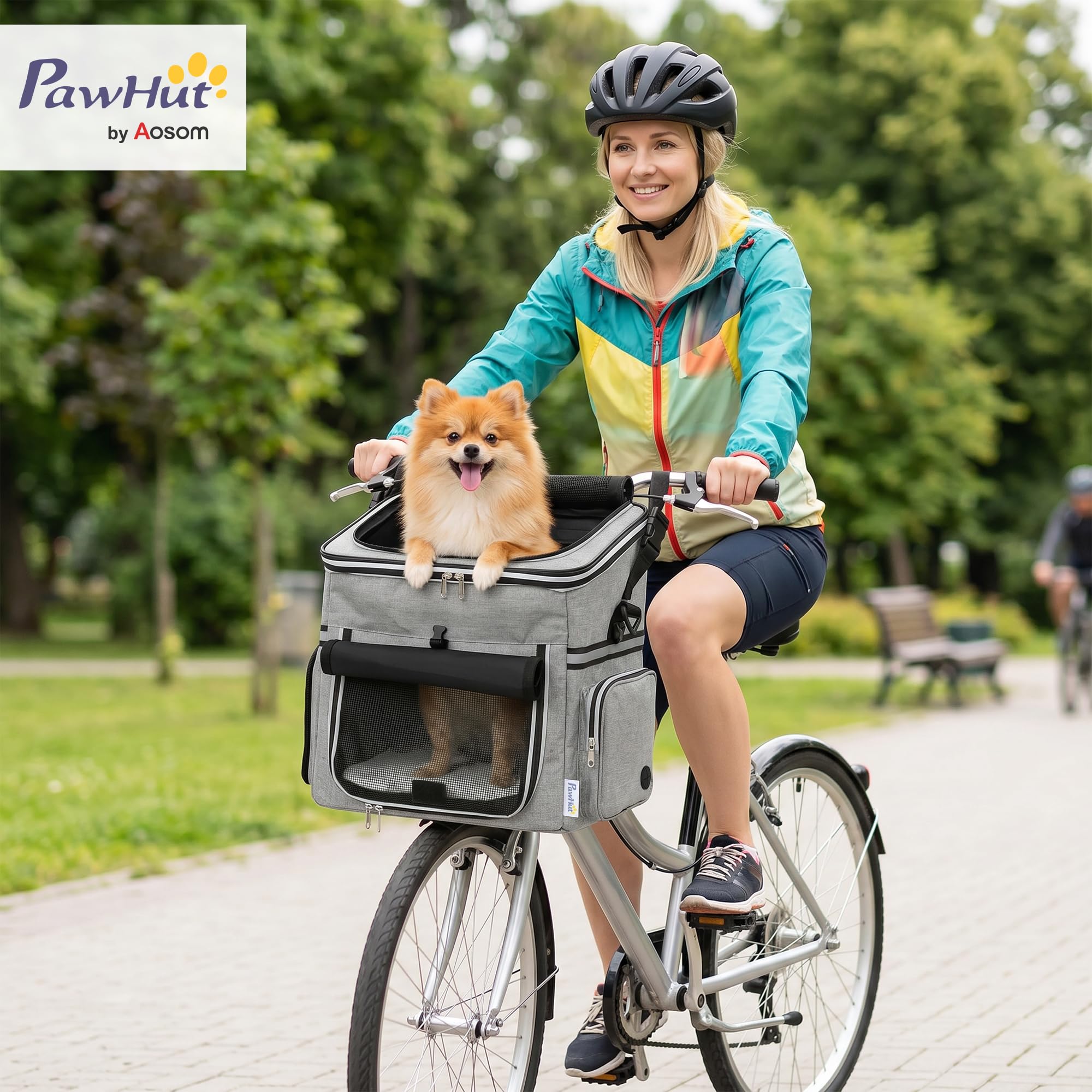 PawHut Cestello da bicicletta Anteriore per Cani Gatti, Cestino Bici Anteriore Portatile con Guinzaglio di Sicurezza, Base Rigida Rimovibile, Coperchio Staccabile, Cuscino Soffice, Finestre e Porta