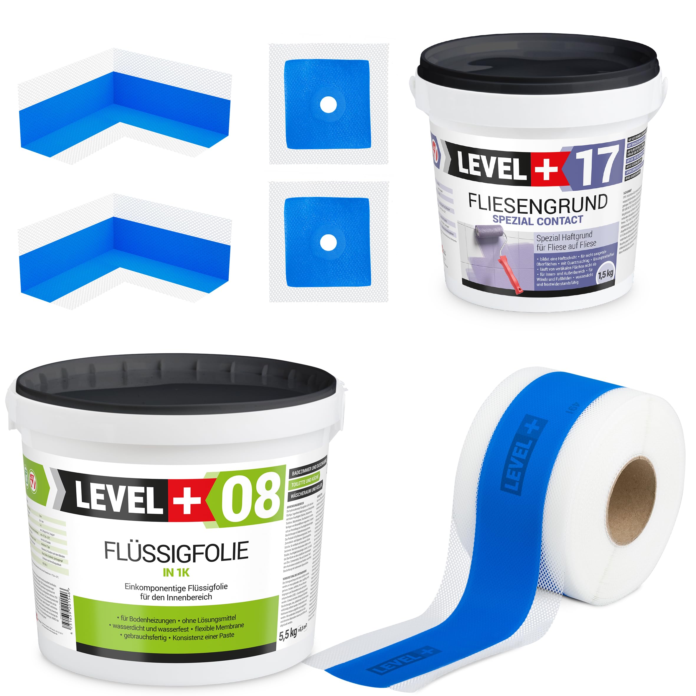 Dicht-Set 5,5Kg Flüssigfolie, 1,5kg Fliesengrund, 5m Dichtband | 2 Innenecken, 2 Wandmanschetten, Dusche, Bad, SET332
