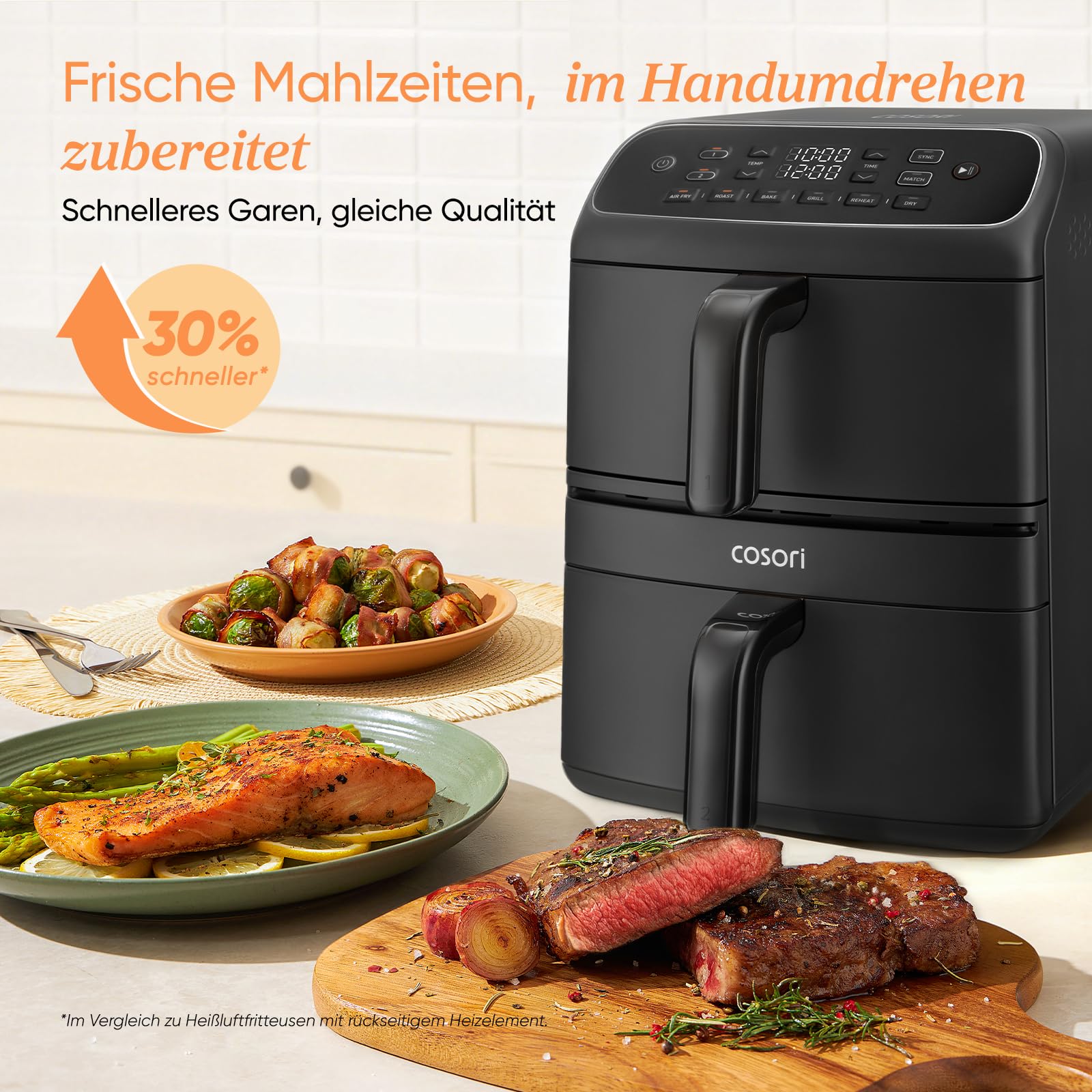 COSORI Airfryer | Turbo Tower Compact | Heißluftfritteuse 2 Kammern Keramikbeschichtung | 8,6L Double Stack mit mehreren Lüfterstufen | 2700W| Schwarz | DC861