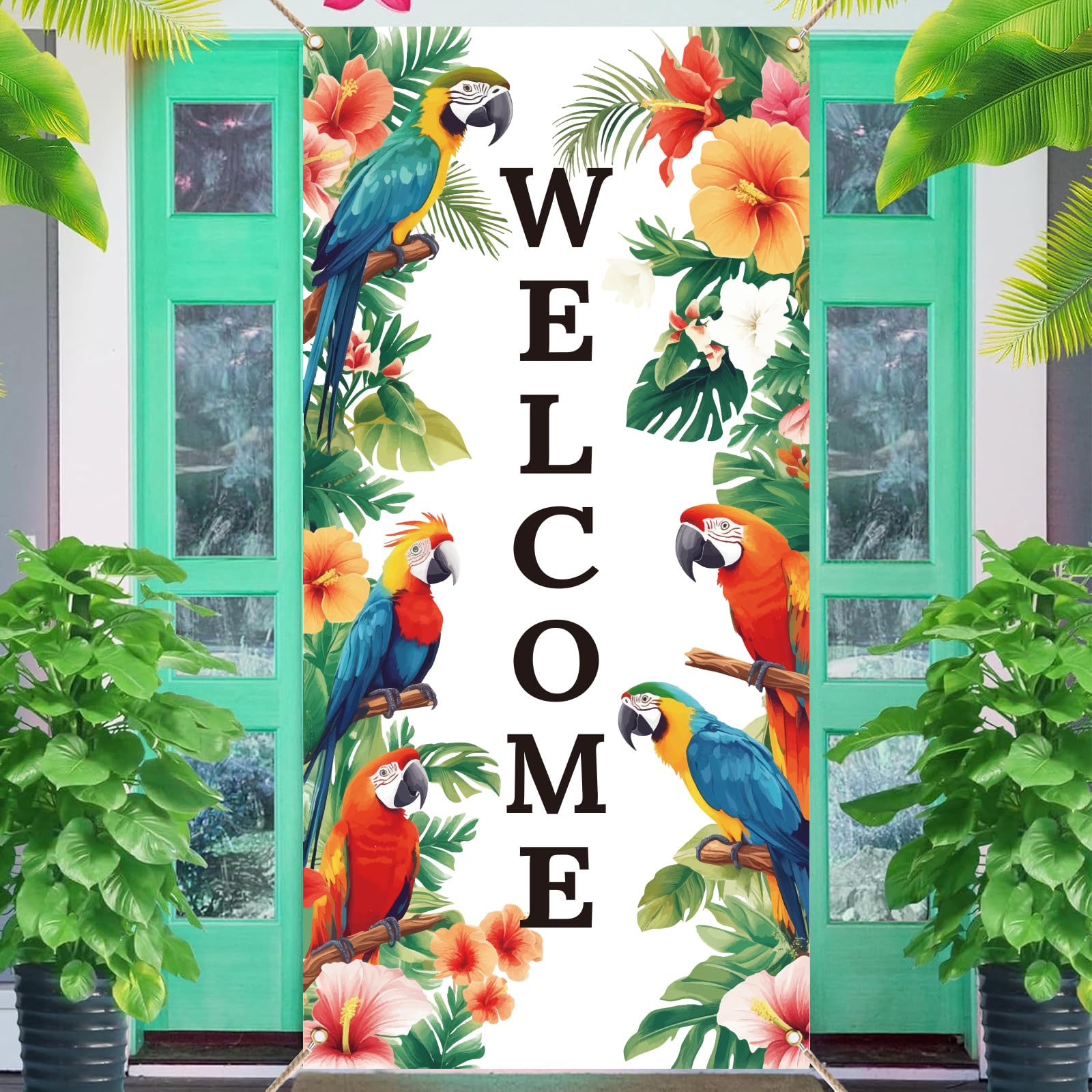 arricraft 1 Pcs Welcome Theme Door Cover, Colorful Tropical Plants Flowers Parrot Banner Photography Background Backdrop for Door Wall Porch Indoor Outdoor Decoration 35.4x72.8 inch