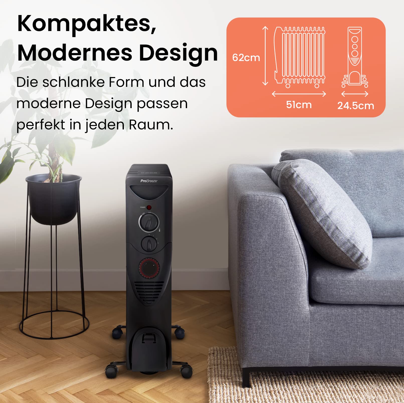 Pro Breeze 2500W Ölradiator energiesparend - Elektro Heizkörper mit 11 Rippen, integrierter Zeitschaltuhr, 3 Heizstufen, regulierbaren Thermostat und Sicherheitsabschaltfunktion - Schwarz