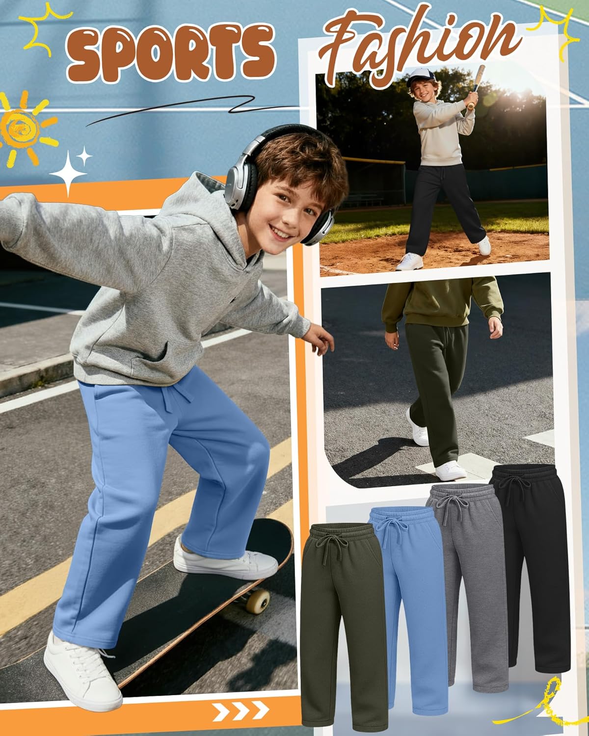 4 Pack Boys Baggy Sweatpants Straight Leg Open Bottom Casual Pants Basic Elastic Waist Athletic Kids Joggers - Image 5