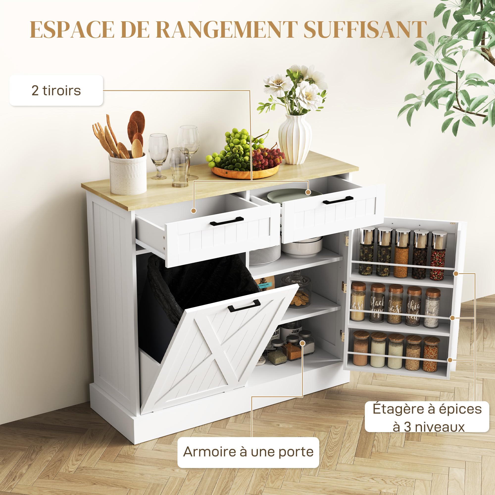 HOMCOM Buffet Cuisine avec Meuble Poubelle 38L, 100 x 36 x 90 cm, Blanc
