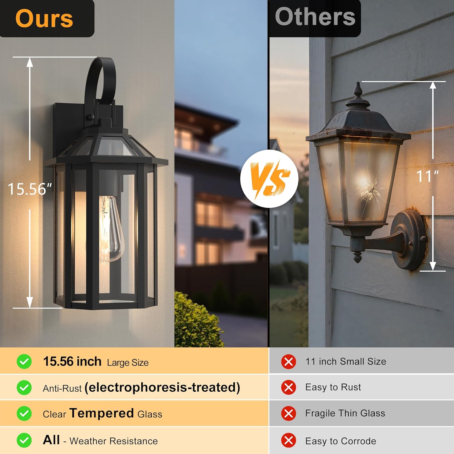 Outdoor Wall Lights, 15.56 Inch Large Waterproof Outside Wall Lantern Sconce, Clear Glass Exterior Lamp for House, Porch, Garage, 1-Light, (E26 Bulb Base, Black)
