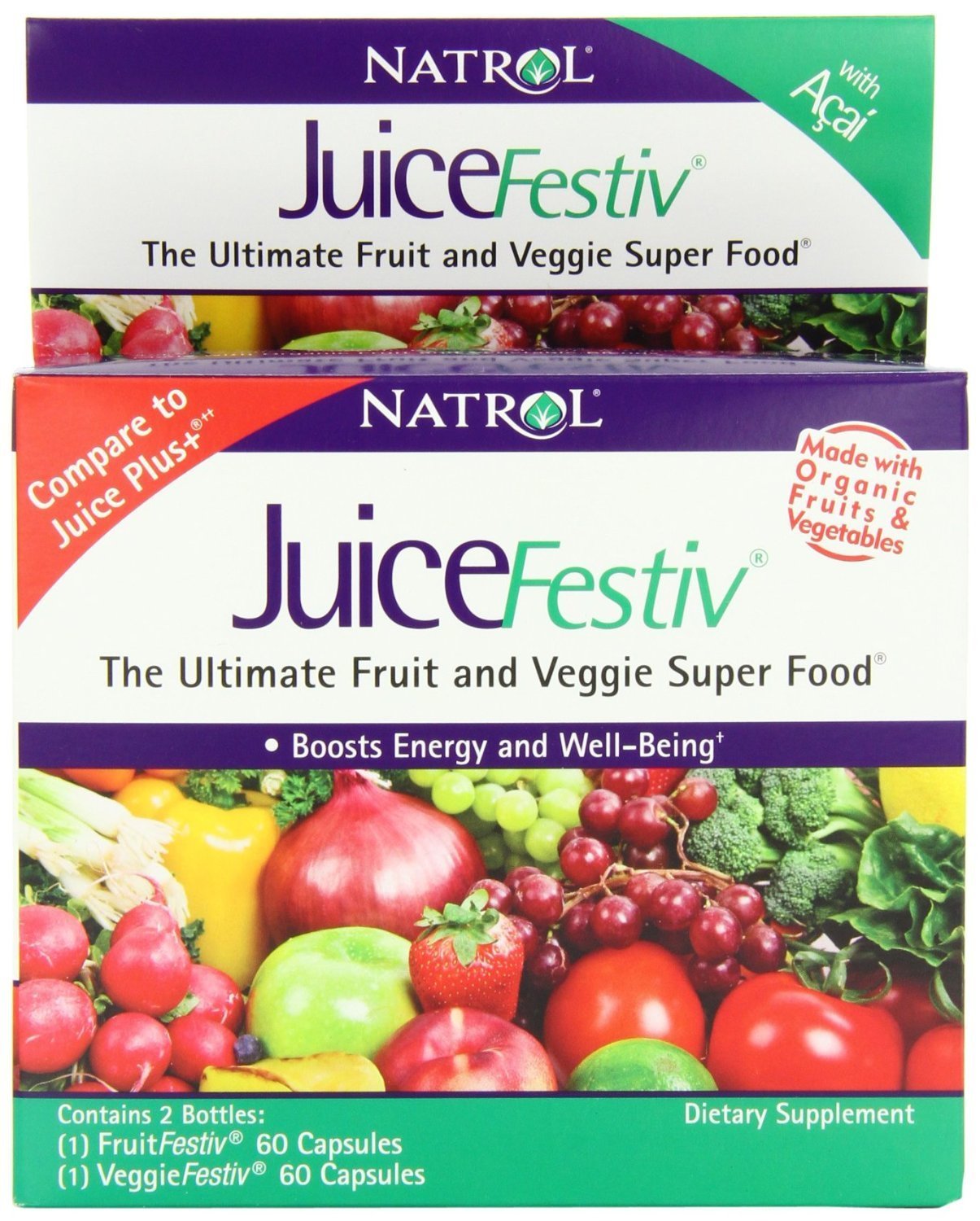 Natrol JuiceFestiv Dietary Supplement Capsules, 60 Count FruitFestiv & 60 Count VeggieFestiv (Pack of 2)