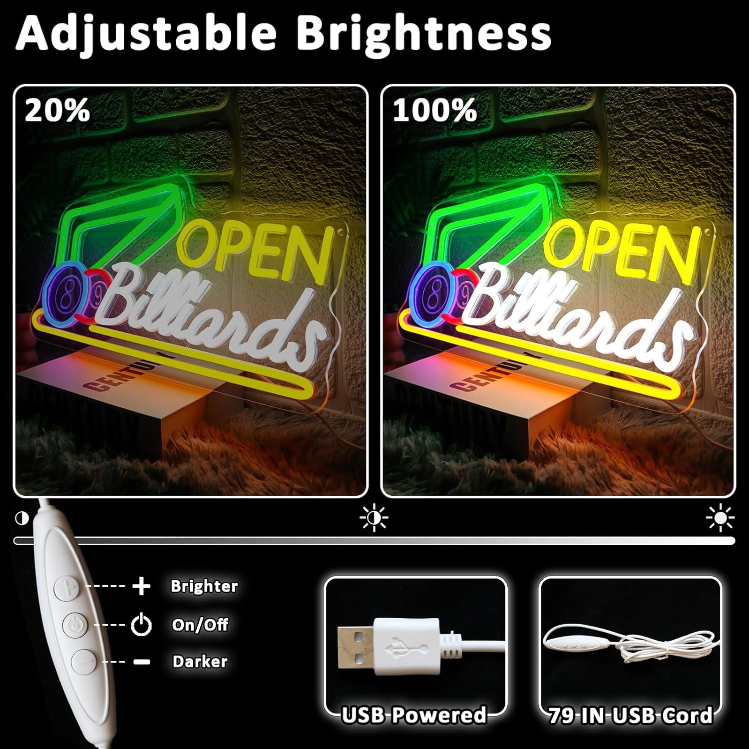 Billiards Neon Open Sign for Wall Decor Dimmable 16.54" x 8.78" Led Sign for Pool Room USB Powered Neon Light for Business Game Room Billiard Club Bar Pub Party Man Cave Decoration