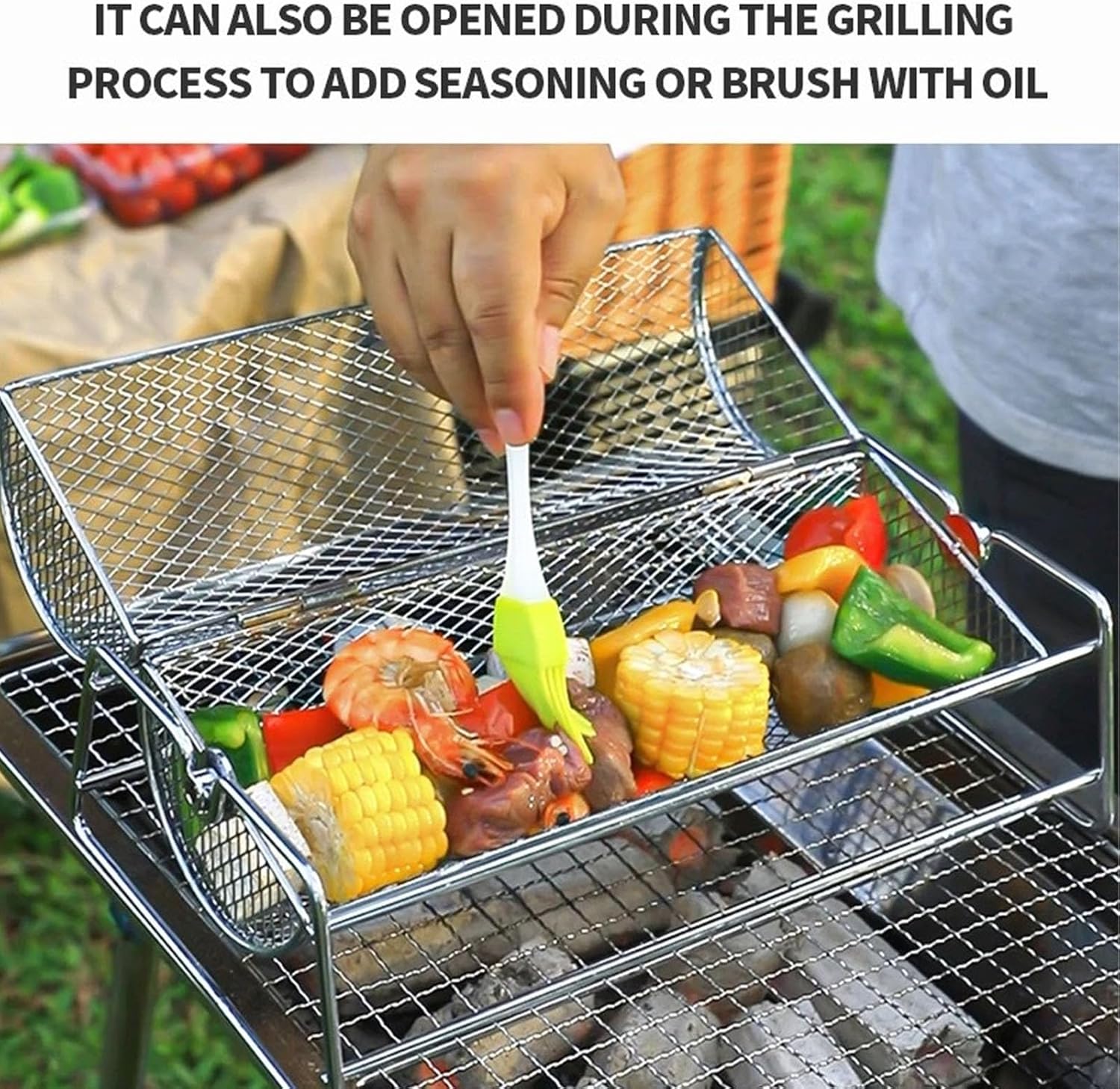 Rolling Grill Basket, Uniform Cooking, Carbon Steel Portable Grilling Basket with Handle for Picnics, Patio Parties, Camping, RV, Gift for Men Dad Husband