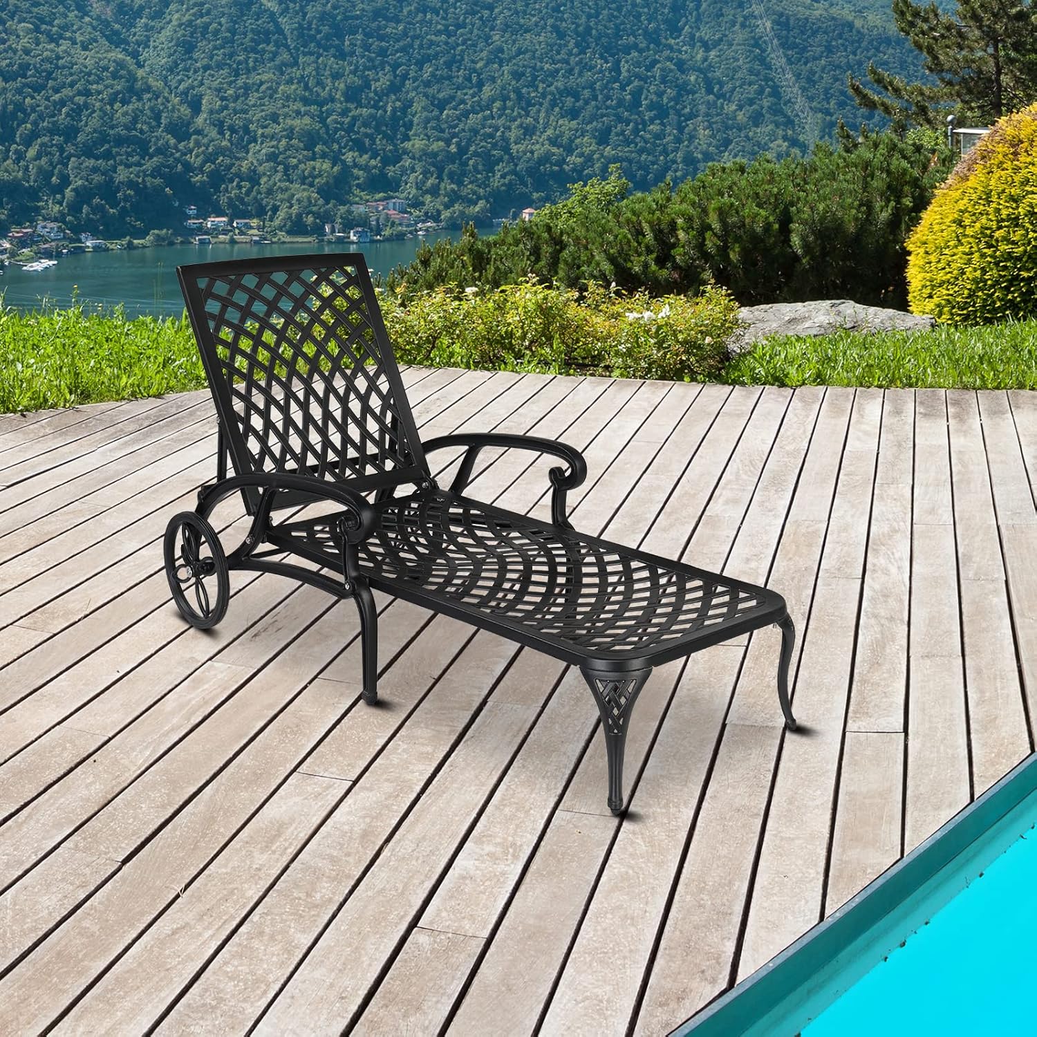 Black Cast Aluminum Adjustable Outdoor Chaise Lounge with Arms