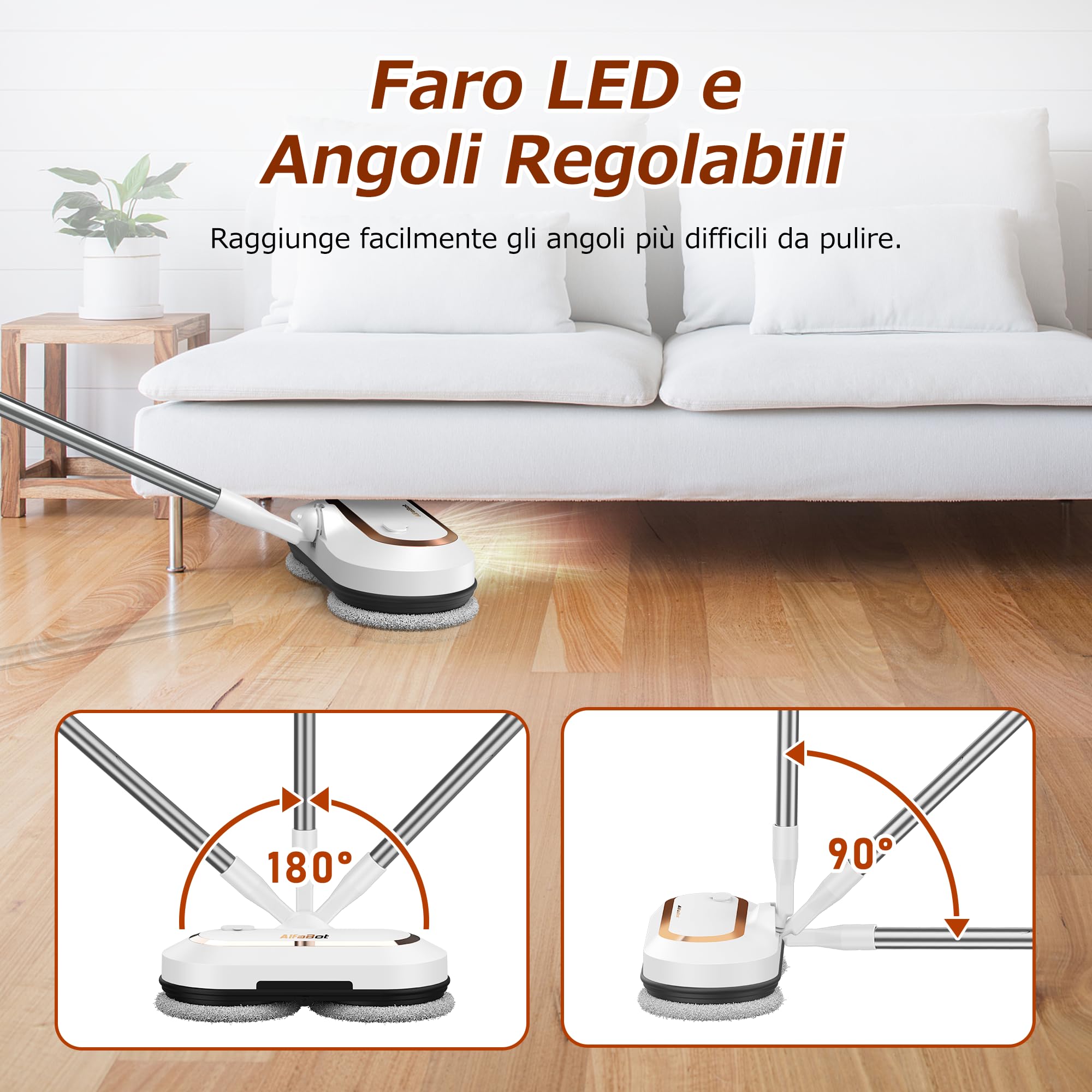 AlfaBot S2 Mocio Elettrico Cordless, 400ML Serbatoio, 60min di Autonomia, Mop Elettrico Lavapavimenti senza Fili con Faro LED e Spruzzatore, per Pavimenti in Legno Duro e Piastrelle