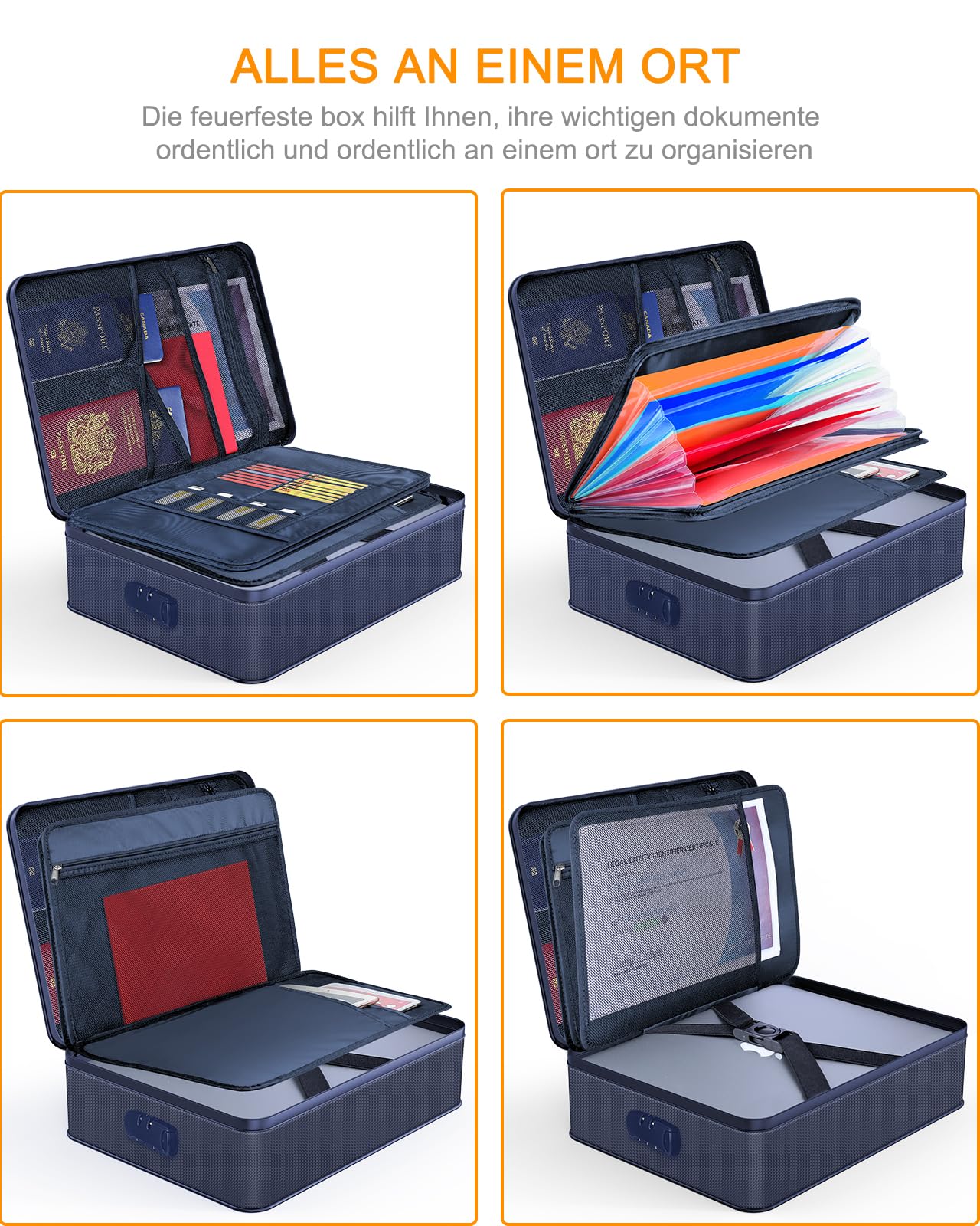 Organisateur De Documents Ignifuge Et étanche Avec Serrure - 36x27x10cm, 7 Compartiments, Idéal Pour Voyages Et Bureau