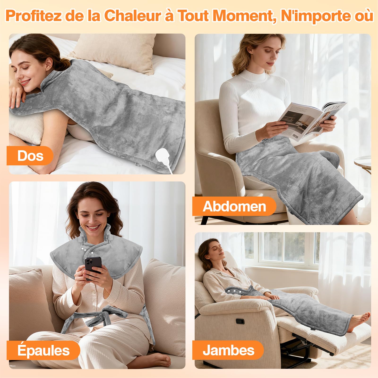 Coussin Chauffant dos Electrique Epaule et Nuque 60×100cm, 9 Niveaux de Chaleur, 4 RéGlages de Minuterie d'arrêt Automatique, Chauffage Rapide, Chauffe-dos, Flanelle, Lavable en Machine