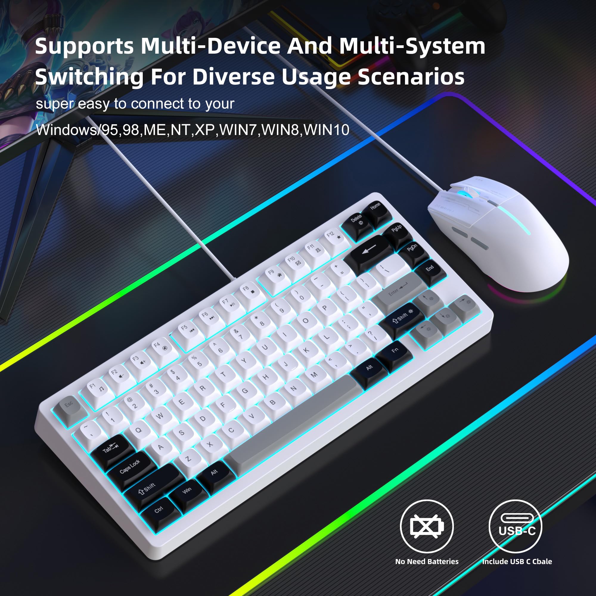 Snpurdiri Combinazione di tastiera e mouse con cavo, tastiera meccanica compatta a 81 tasti, tasti rotondi retrò retroilluminati blu ghiaccio, tastiera da gioco per laptop, facile da trasportare in