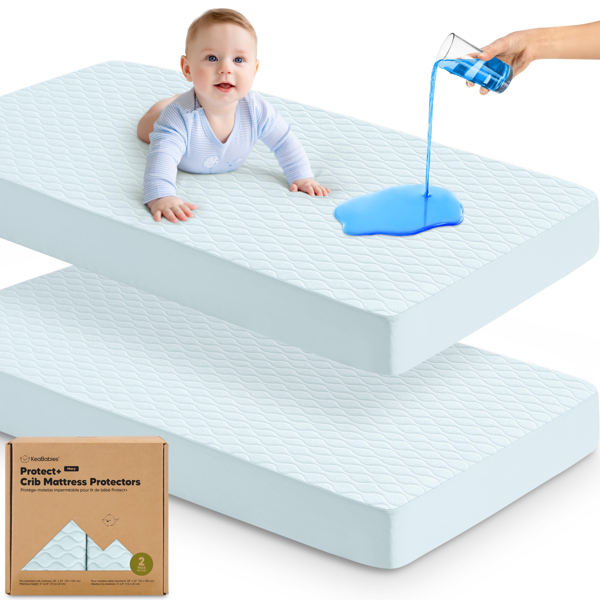 Protector de colchón impermeable para cuna, paquete de 2 sábanas silenciosas para bebé, 52 x 28 pulgadas, sábana acolchada de algodón para cuna, fácil ajuste, duradera (escarcha)