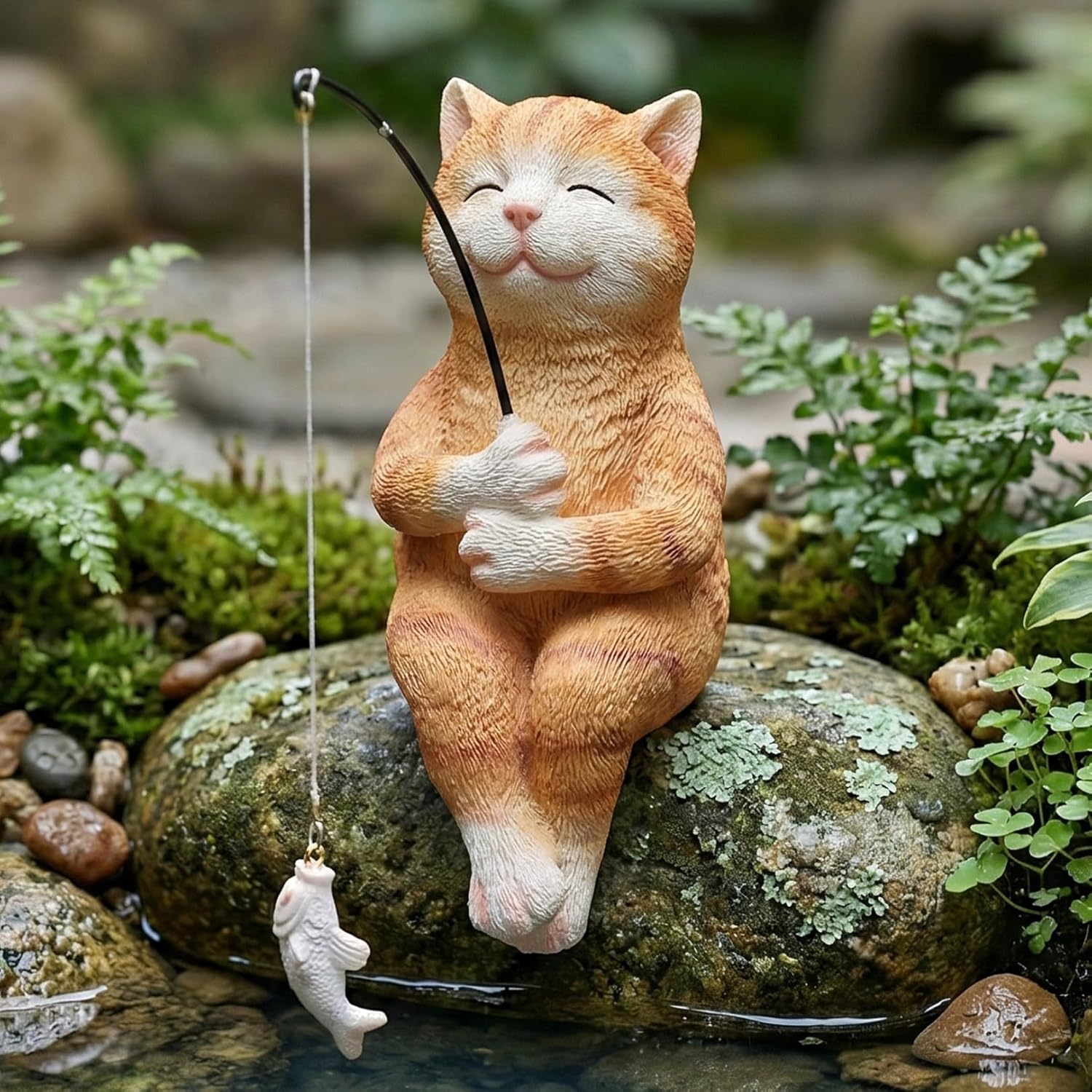 Elenon Fishing Cat Garden Statue, 9" Cat with Pole Decor for Koi Pond Waterfalls, Adorable Flower Bed Outdoor Yard Patio Art Decorative Sculptures Table Ornament