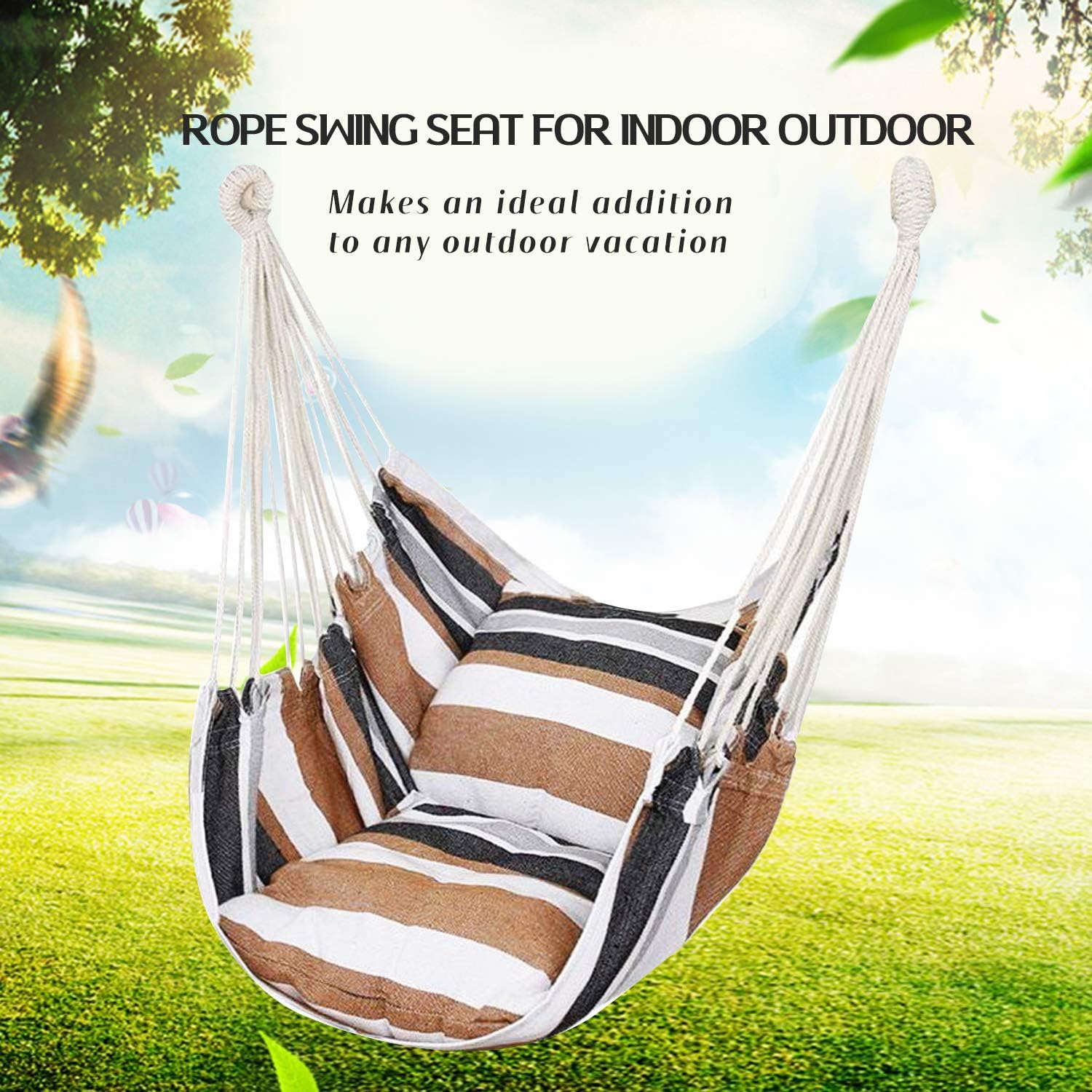 Hommtina Hammock Chair Hanging Rope Swing, Max 300 Lbs Hanging Chair with Pocket & Durability Perfect for Outdoor, Home, Bedroom, Patio, Yard (Pillows NOT Included,Khaki)