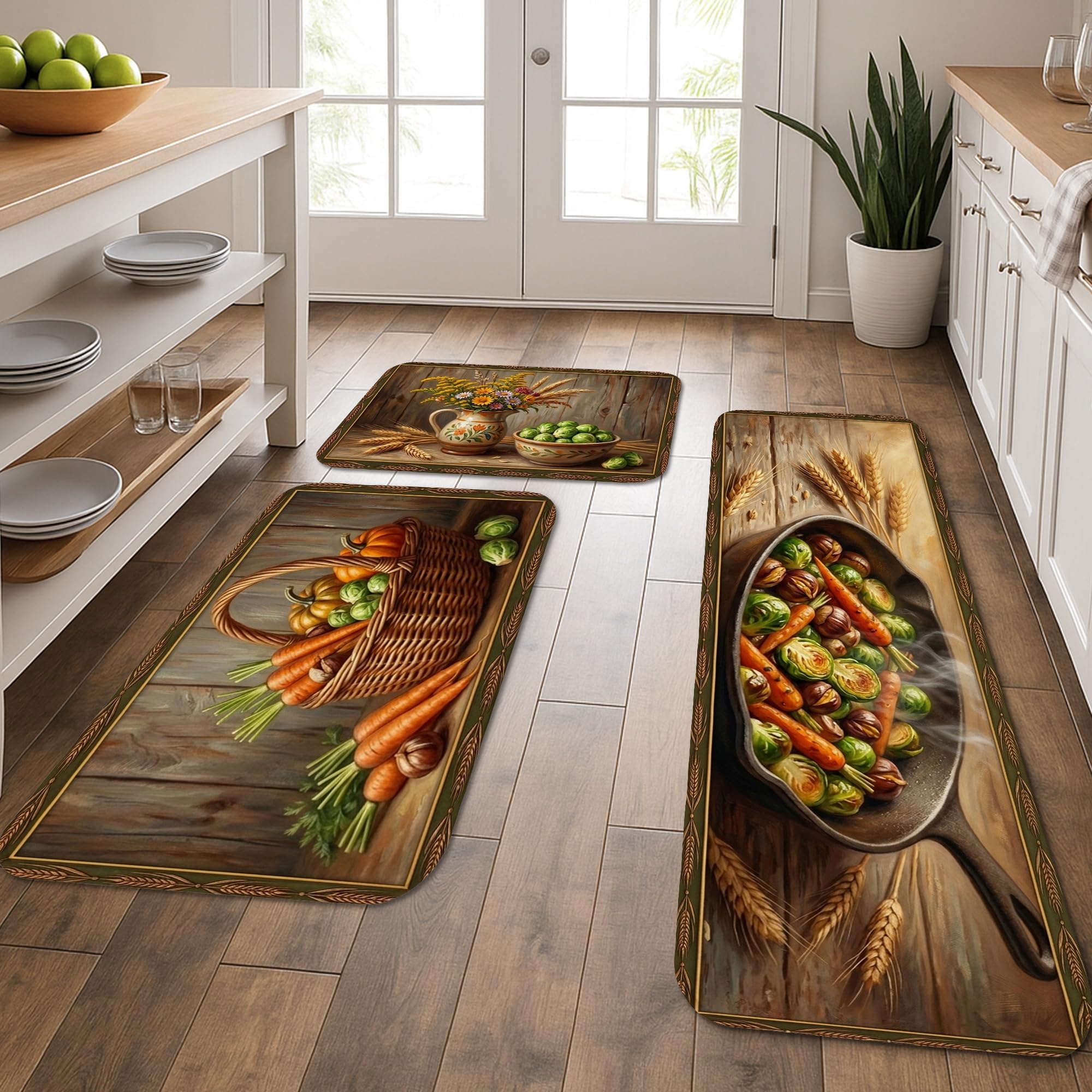 Tapis de cuisine lavables lot de 3 tapis rustiques marron anti fatigue pour evier