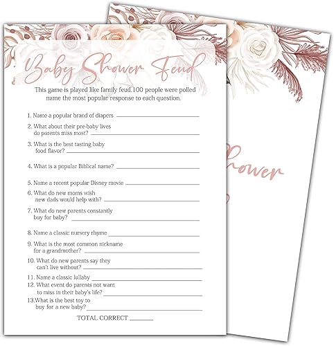 Baby Shower Feud - Juegos de baby shower, temática floral bohemia, 30 tarjetas de juego y 1 tarjeta de respuesta, juego de fiesta de revelación de