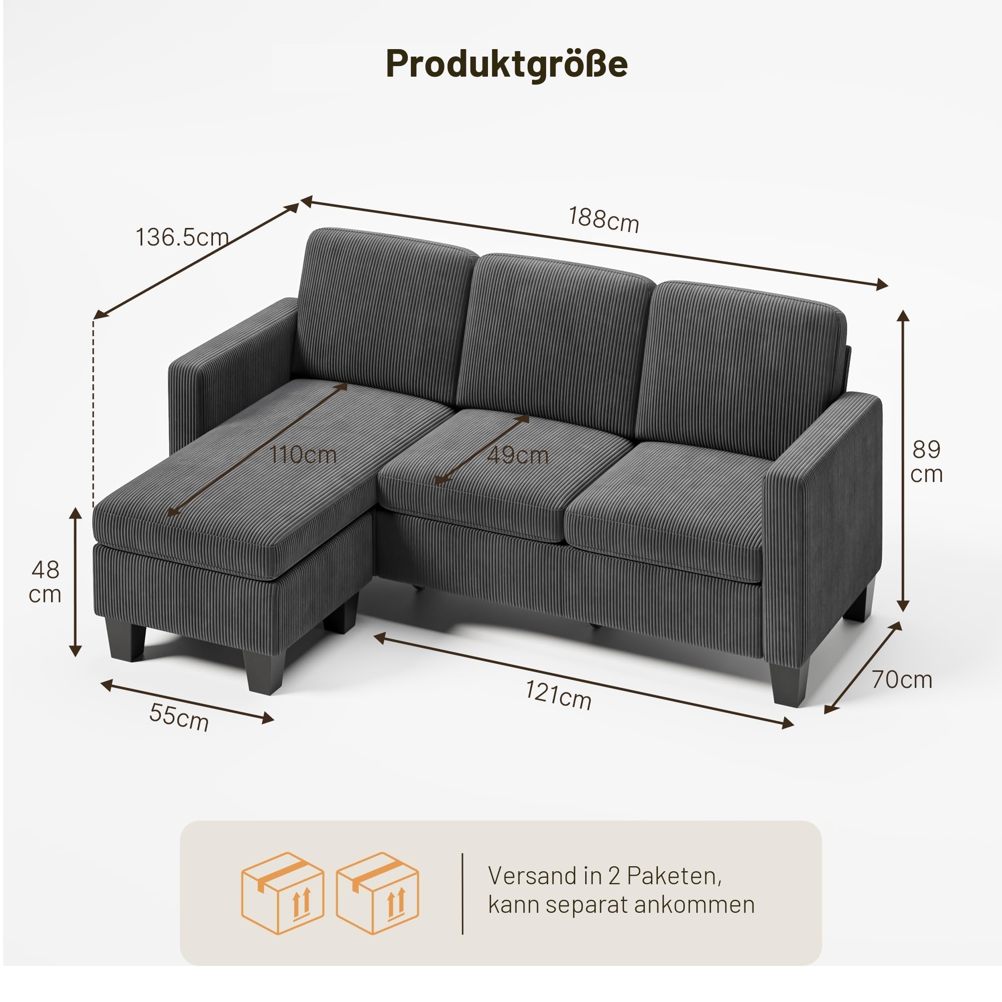 Xbro Ecksofa, Eckcouch L-Form Sofa Mit Ottomane, 3-Sitzer Wohnzimmer Sofa Für Kleine Räume, Modulare Chaiselongue, Cordbezug, Ergonomische Polsterung, 188 x 136,5 x 89 cm, Dunkelgrau
