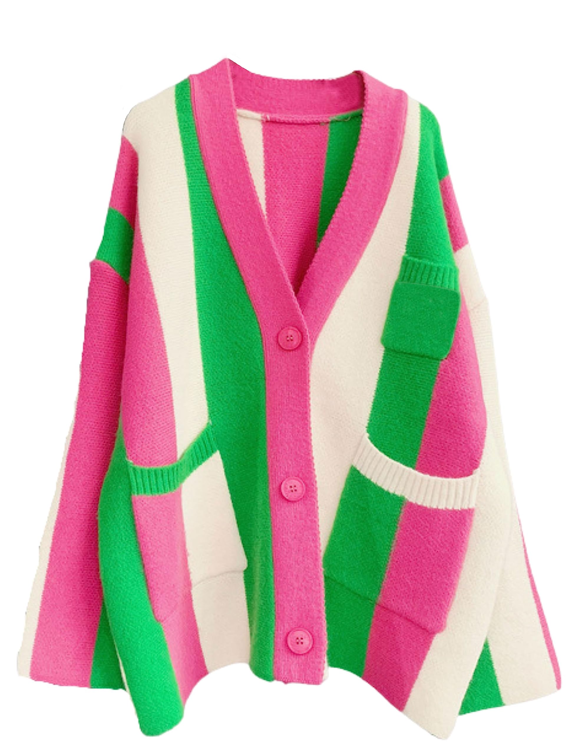 Unilexi Womens Loose Long Sleeve Rainbow Striped Cardigans Sweater Boho Color Block Chunky Knitted Tops