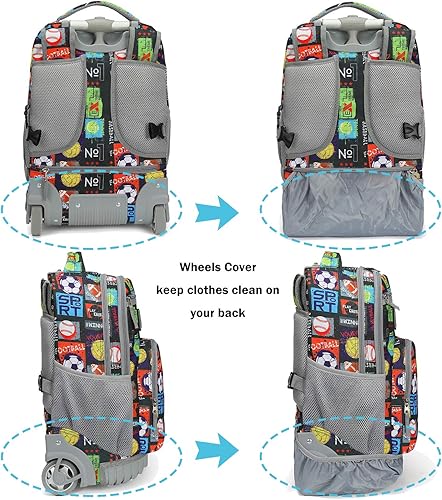 Miniatura 5 de Tilami Mochila con ruedas, mochila para laptop de 19 pulgadas con ruedas y lonchera, bolas deportivas, 18.92x12.87x8.27inch