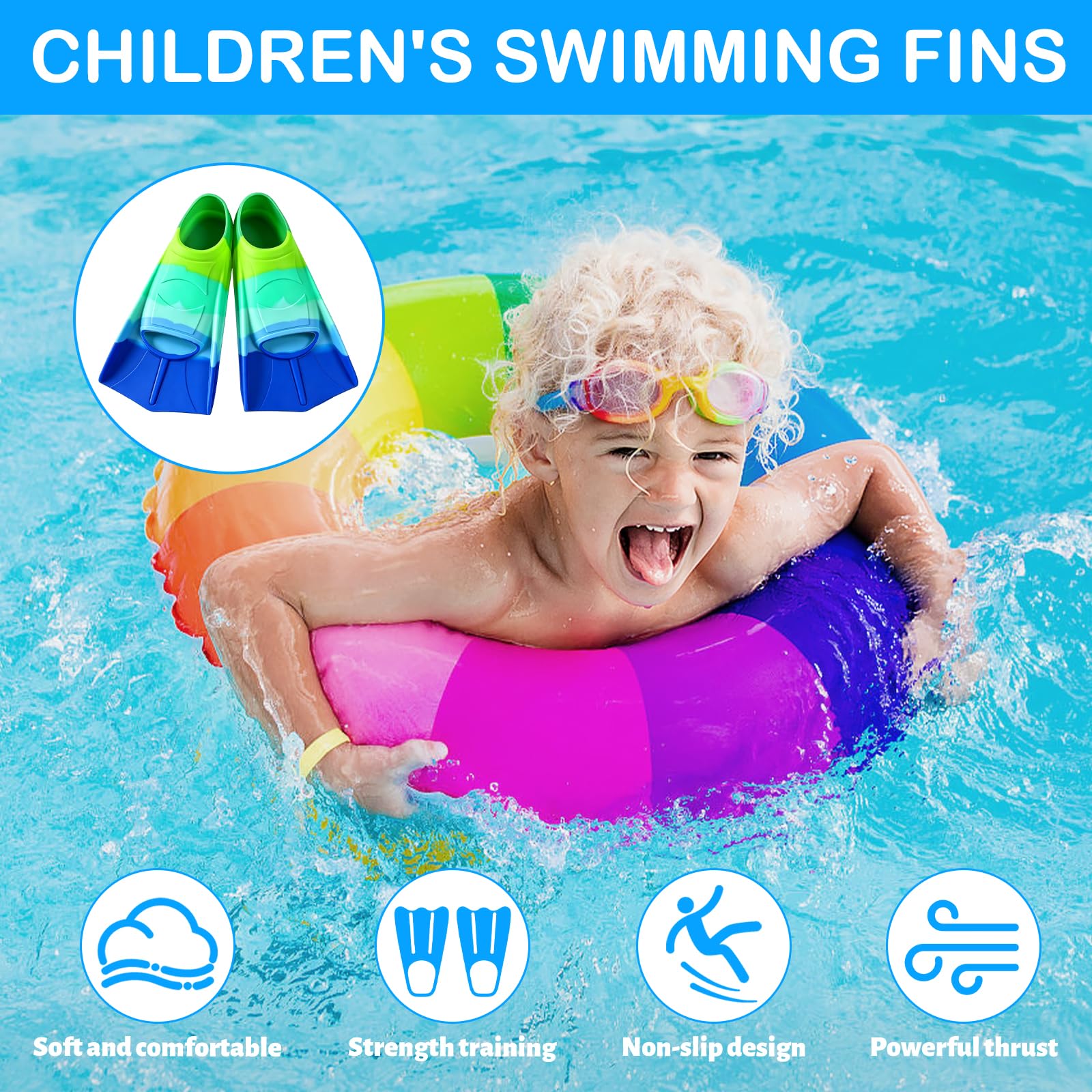 Aletas de natación para niños, 100% silicona, aletas cortas, aletas cortas para niños, aletas cortas para entrenamiento de natación, entrenamiento en aguas abiertas, esnórquel, buceo para