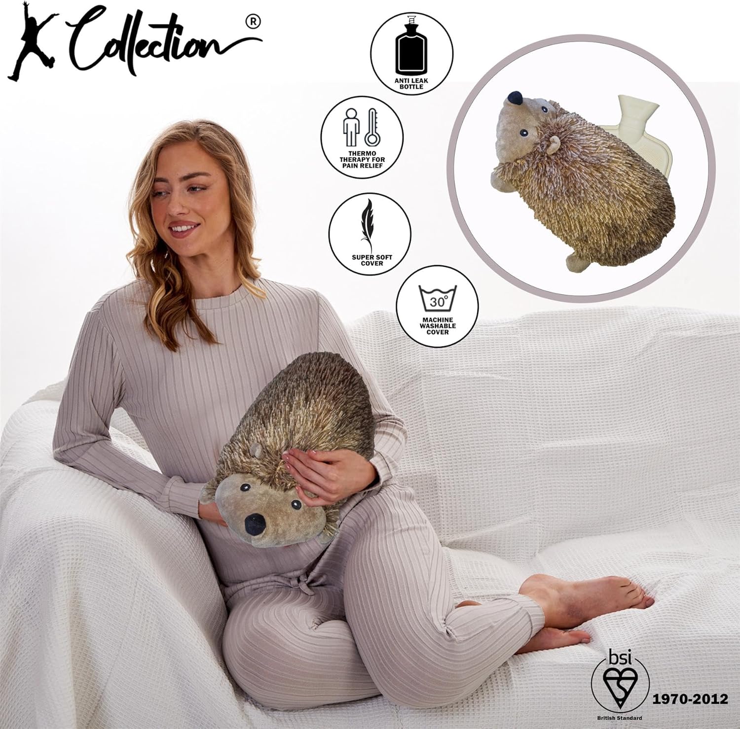 3D Novelty Hot Water Bottle with Removable Cover - Hedgehog Design - Soft Plush Cover - Premium Natural Rubber