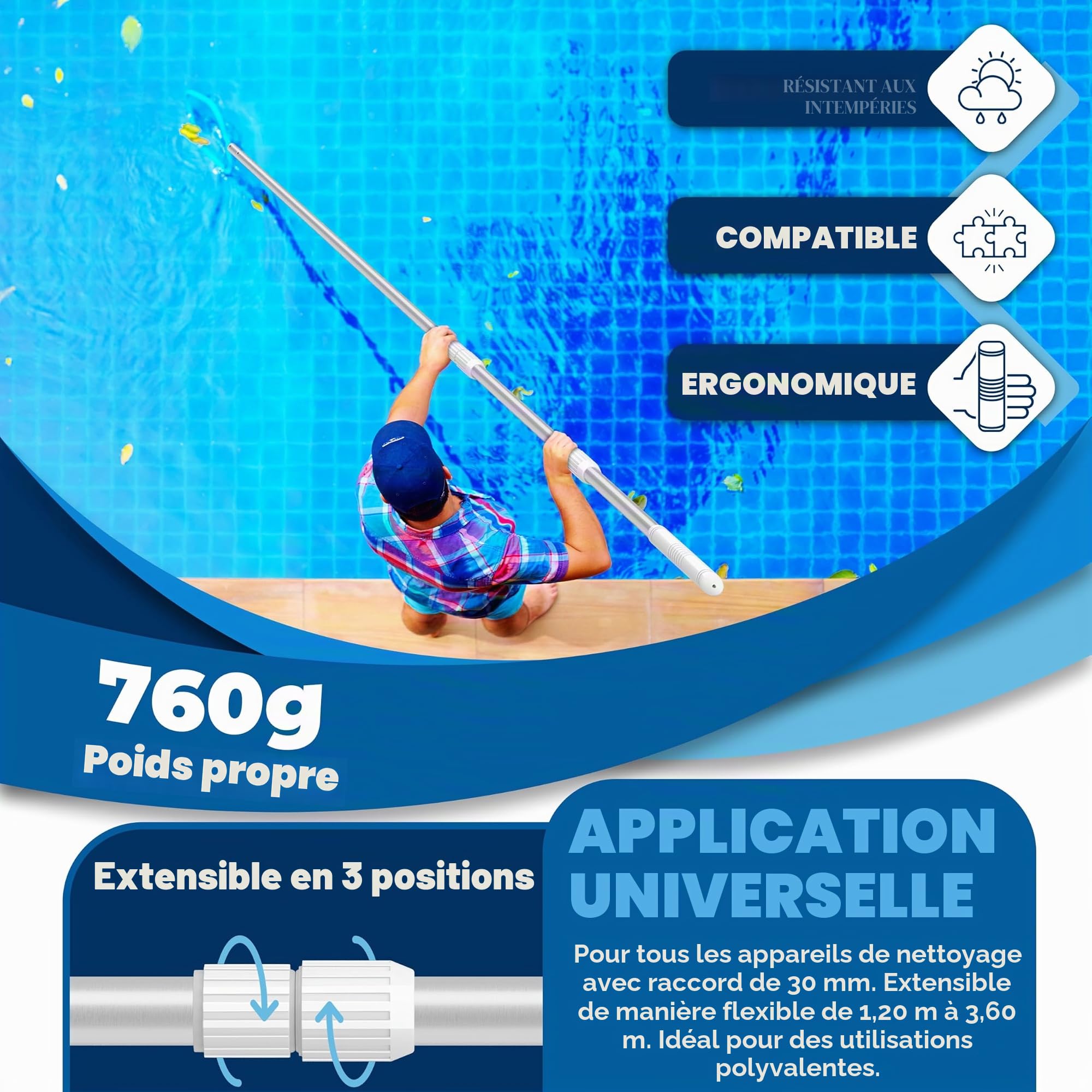 KESSER® Perche télescopique de Piscine en Aluminium Perche de Piscine | Tige pour Le Nettoyage de Piscine en 3 Parties | réglable de 1,20 m à 3,60 m | Résistant aux intempéries et Stable, Argent