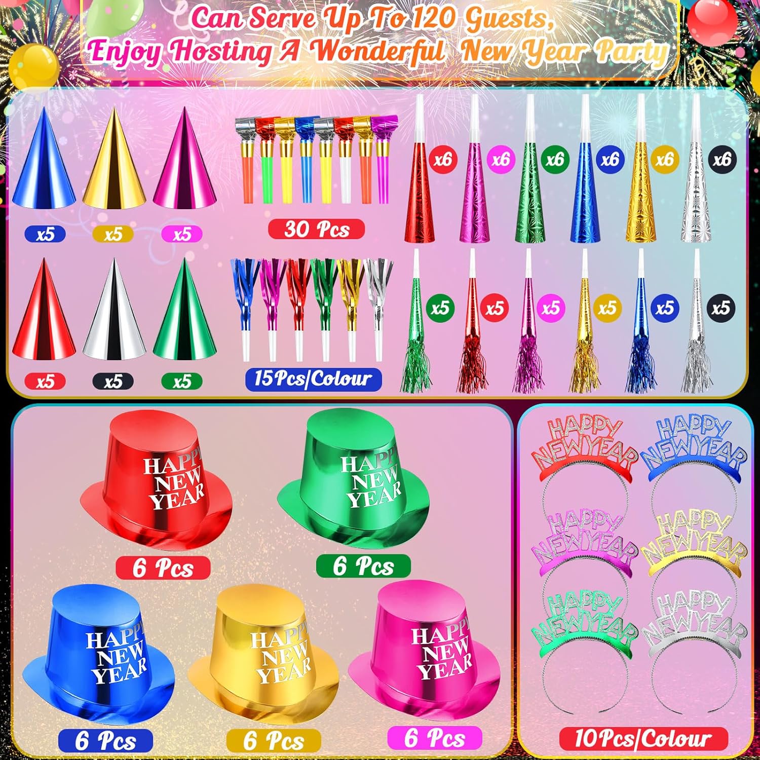 Junkin 300 Pcs New Years Eve Party Supplies 2026 Kit for 120 Guests Include Hats Headbands Noise Makers Trumpet New Year Decorations Bulk Party Favors