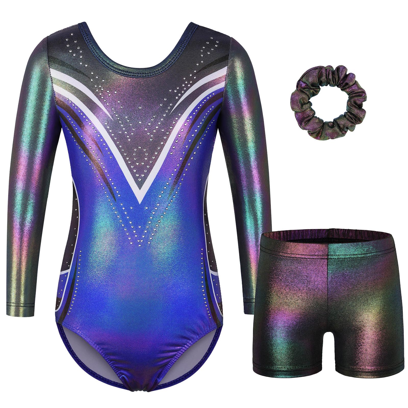 BAOHULU Gymnastics Leotard for Girls with Shorts Set 3/4 Sleeve Kids Shiny Practice Dancewear