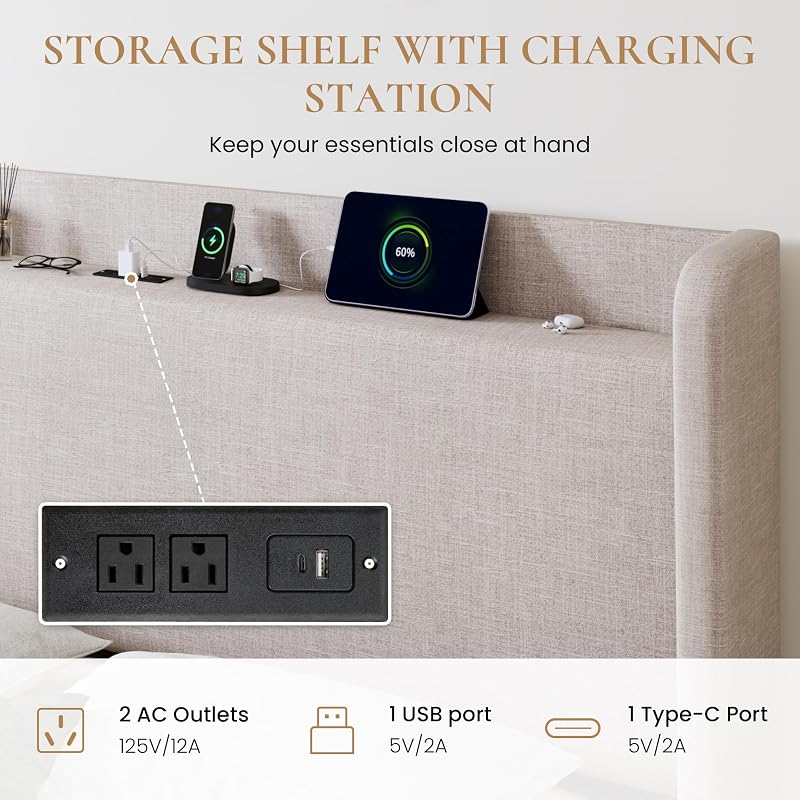 SHA CERLIN Queen Size Storage Bed Frame with 4 Oversized Drawers, Modern Wingback Headboard with Storage Shelf & Charging Station, No Box Spring Needed, Easy Assembly, Beige image 5